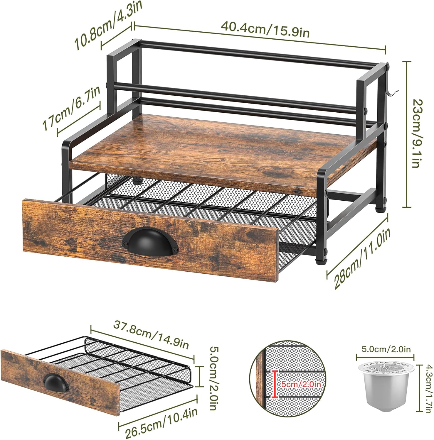 Coffee Syrup Rack Organizer, 3 Tier Countertop Storage Shelves with 35 K Cup Drawer, 8 Syrup Bottle Stand Holder for Wine, Kitchen Coffee Station Organizer Rack, Rustic Brown