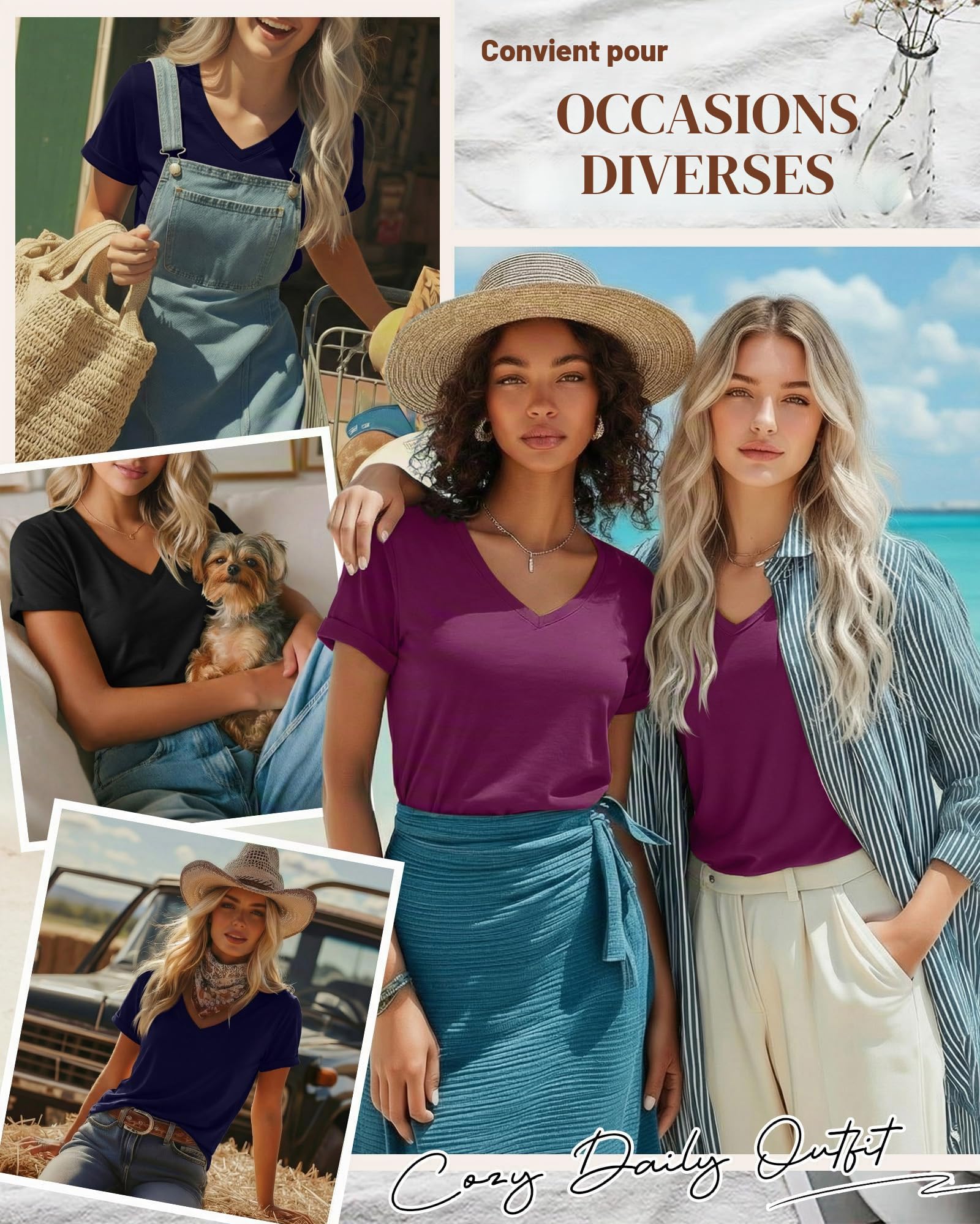 Ficerd Lot 3 T-Shirts Femme col V Manches Courtes | T-shirts doux en coton 65%, hauts a manches retroussees, coupe ample, T-shirts confortables pour tenues d'ete