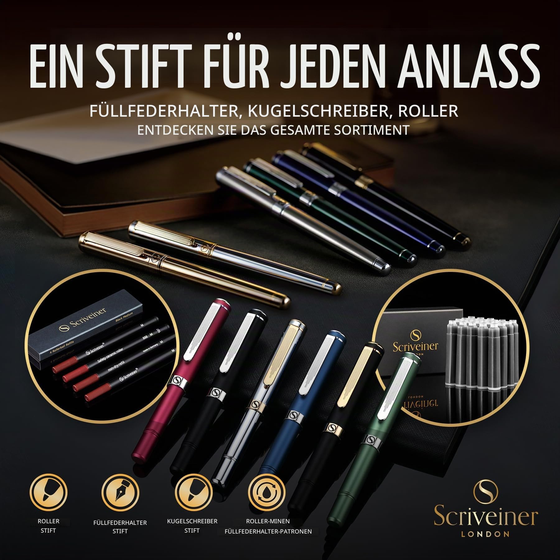 Scriveiner Atemberaubender Luxus-Füllfederhalter mit Chrom-Finish, Schmidt-Feder (Medium), Bestes Stift Geschenkset für Mann & Frau, Profi, Chefbüro, tolle Stifte
