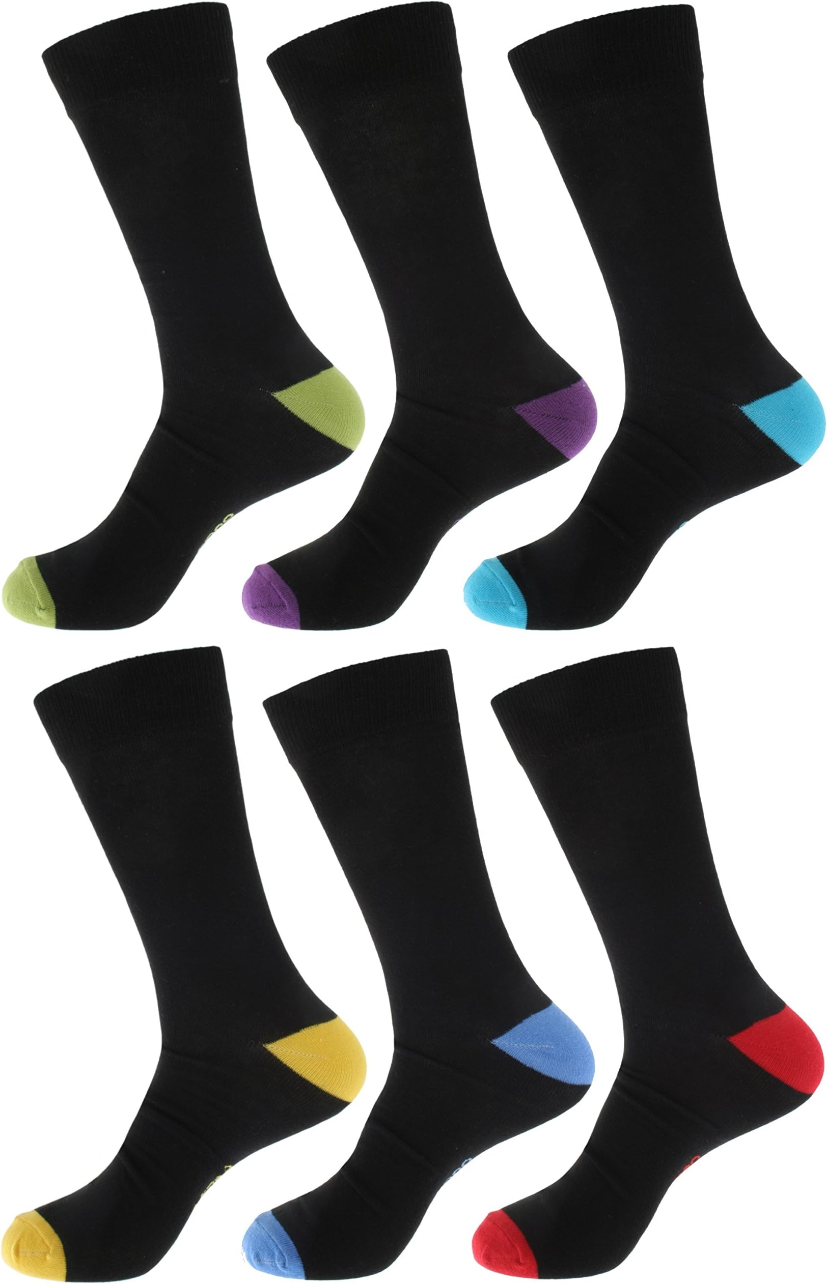 Mens 6 Pack of Cotton Rich Socks with Coloured Heel & Toe Black