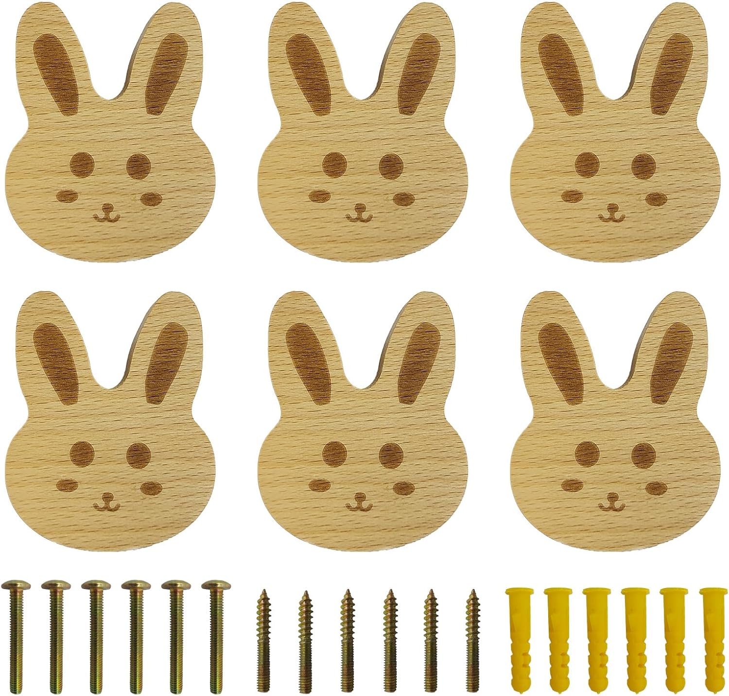 6PCS Wooden Panda Shaped Cabinet Knobs, Cabinet Handles, Single Hole Beech Wood Handles, Wood Hooks with Full Set of Screw Accessories