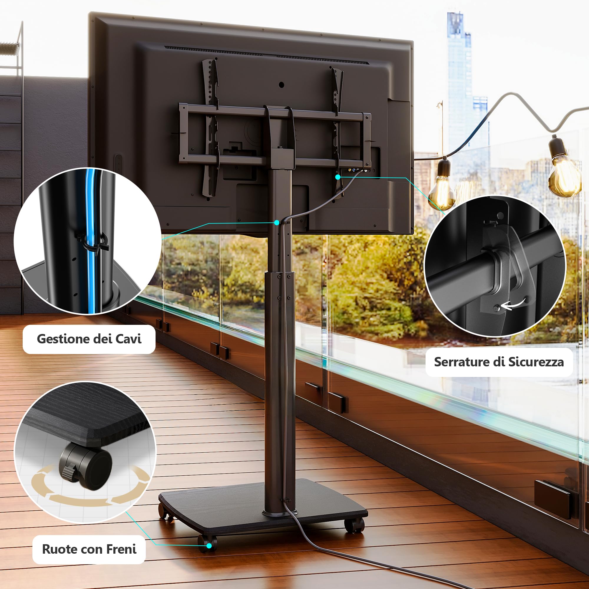 FITUEYES Carrello Porta TV con Ruote per 32-70 Pollici, 60° Girevole & 6 Altezza Carrello TV con Ruote e Legno Base, Supporto TV da Pavimento Max VESA 600x400mm Carico 40kg