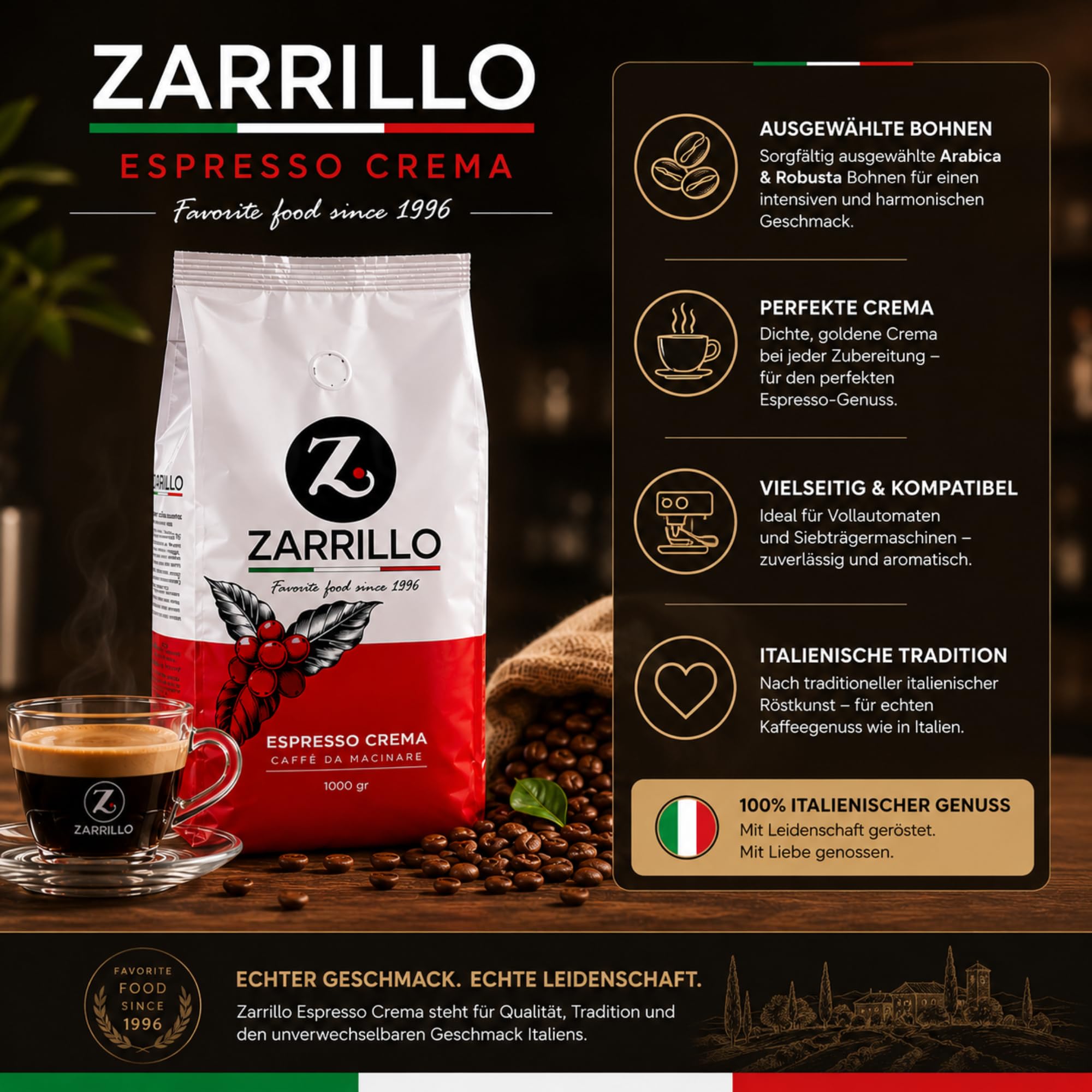 ZARRILLO Italienische Espresso Kaffeebohnen, Arabica und Robusta, für Vollautomaten & Siebträgermaschinen, Kräftige Crema, Mittlere Röstung (1 kg (6er Pack))