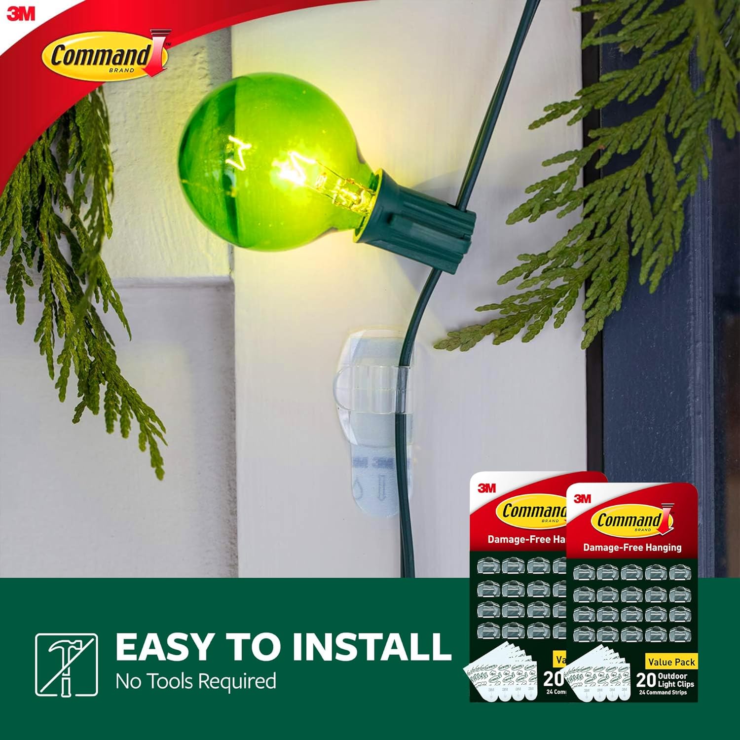 Command Outdoor Light Clips, 40 Clear and 48 Strips, Damage Free Hanging with Weather Resistant Strips, Wall Clips for Hanging Outdoor Lights and Cable Management
