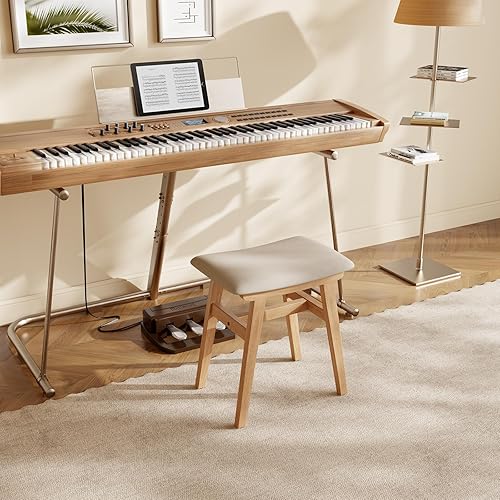 Miniatura 8 de Taburete de tocador de madera maciza, silla de maquillaje compacta con cojín de sillín, asiento de esponja de alto rebote cubierto de lino, taburete