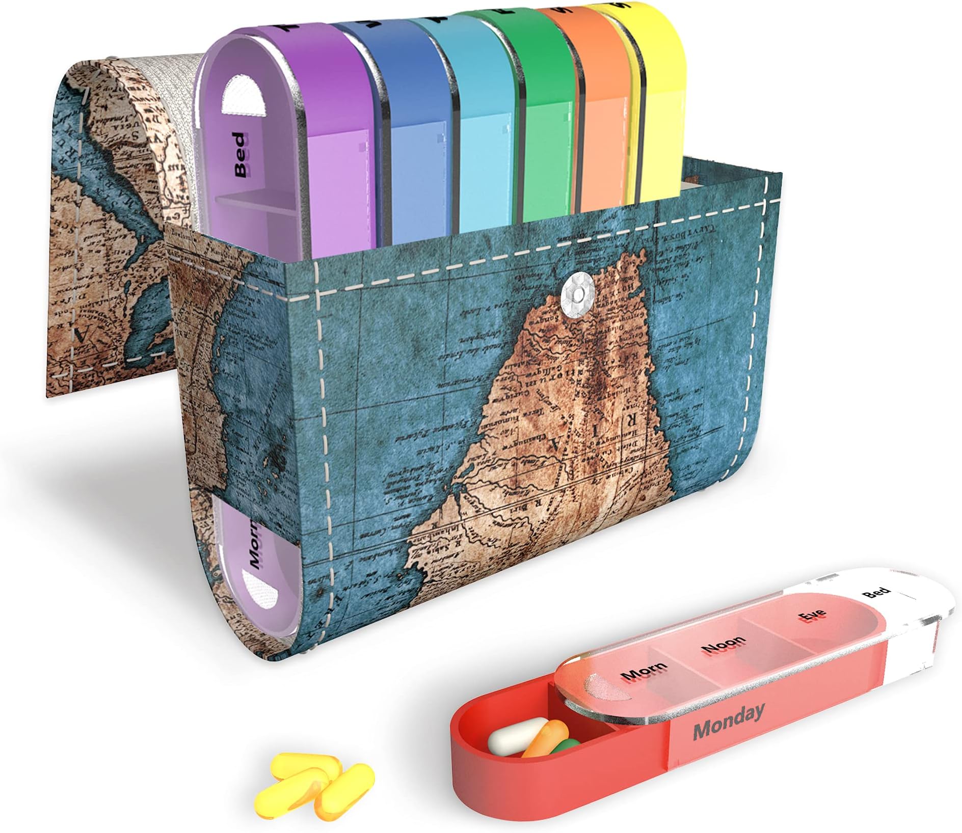 Pill Organizer,LIZIMANDU Weekly Travel Pill Case Box Medication Reminder Daily AM PM, Day Night 7 Compartments,for 4 Times A Day, 7 Days Week-Includes Leather PU Carrying Case (Vintage Map)