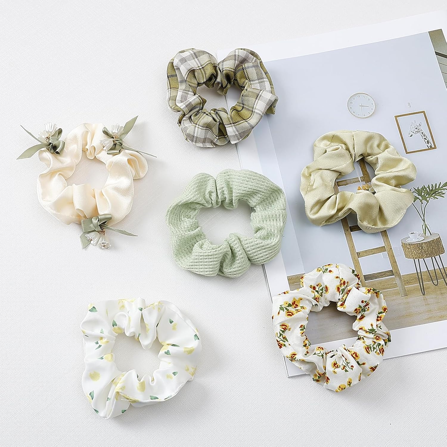 10-Piece Floral Plaid Polka Dot Scrunchies for Women and Girls, No Damage Cute Hair Ties Bulk, Soft Elastic Ponytail Holder Fashion Hair Accessories (Yellow& Green Theme)