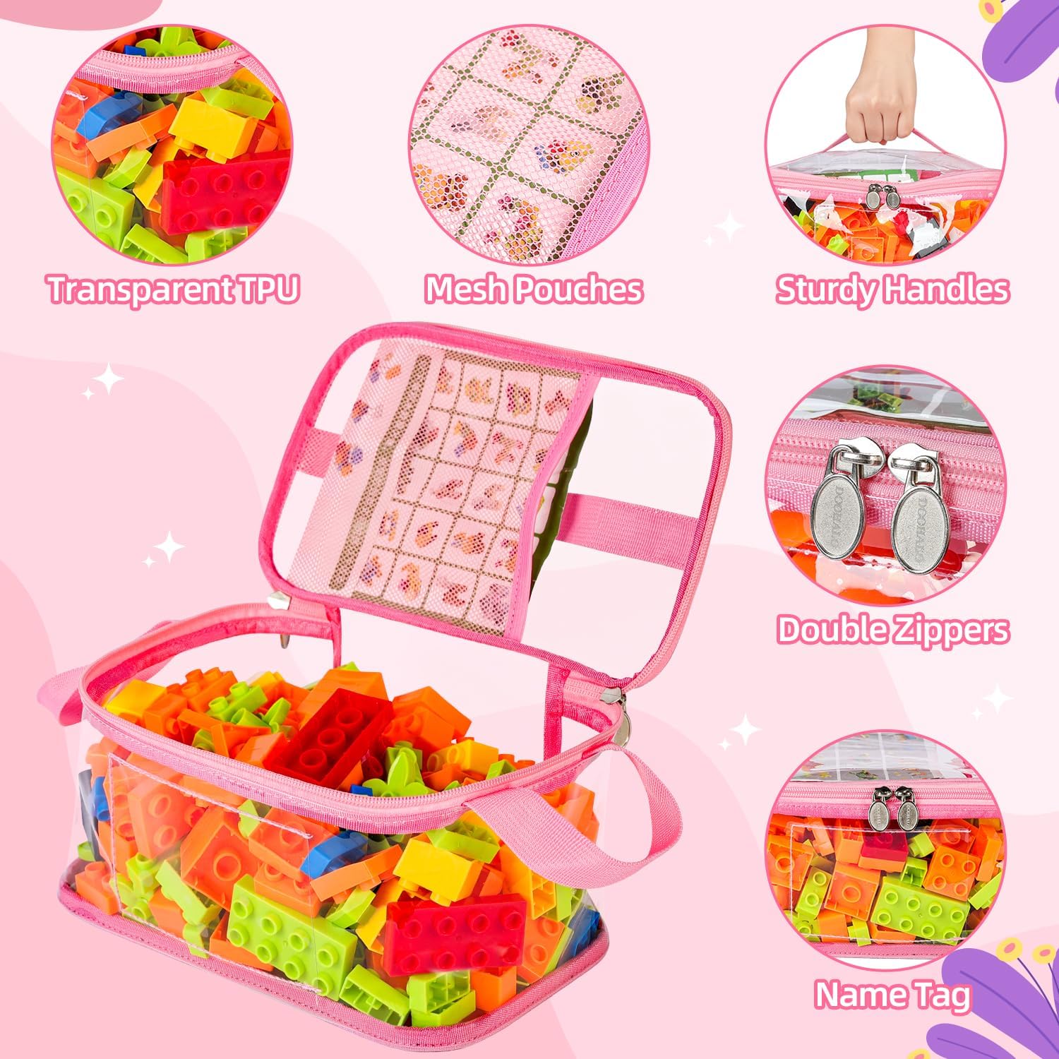 DOOHALO Toy Organizer Storage bags with Zippers for Toys, Board Games, Blocks, Puzzles, Dolls Storage, Large Reusable Clear waterproof with Name Tag Mesh Pouches Multi Color 4 Packs - Image 3