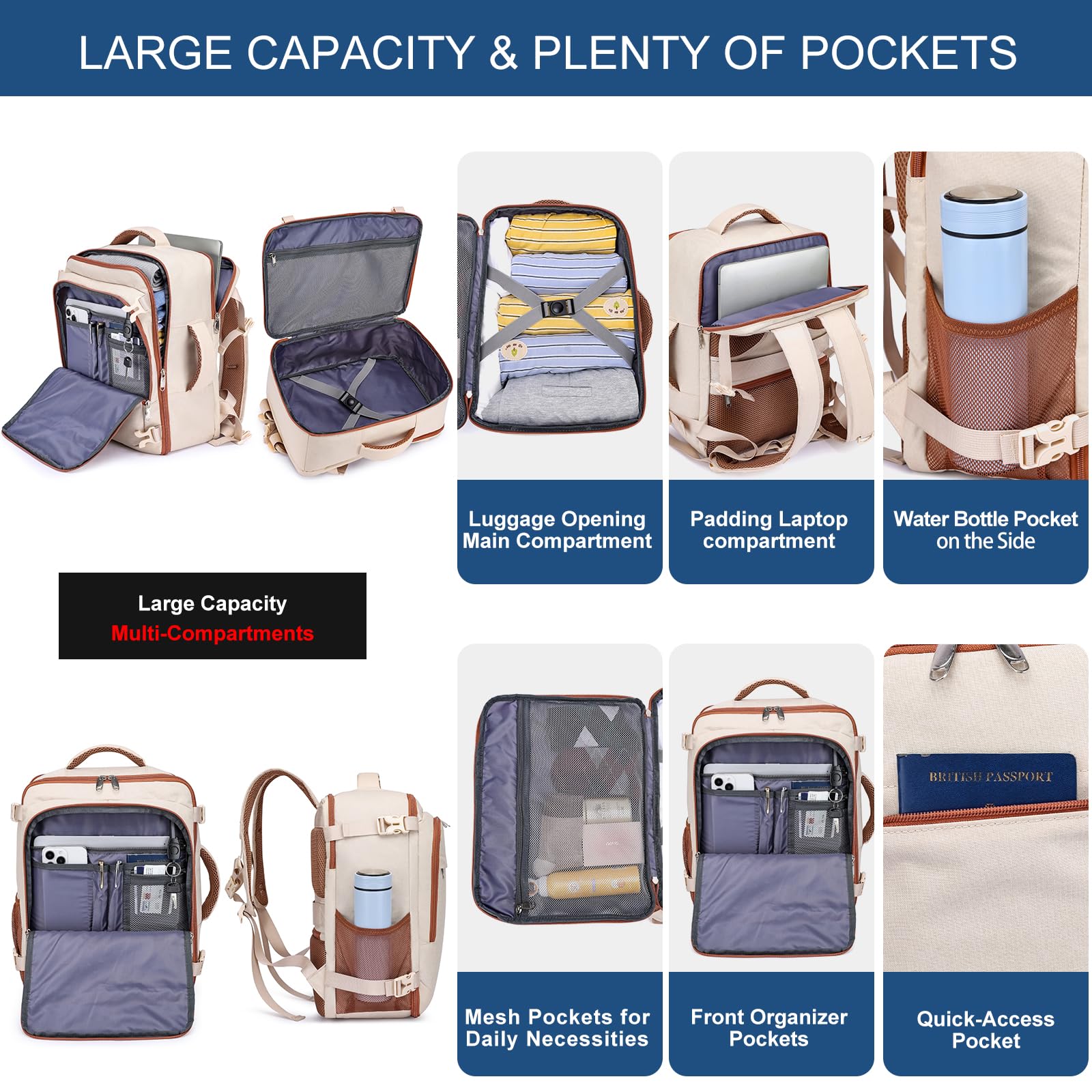 ENZOSUM Zaino da Viaggio per Donna,Zaino 40x30x20,Bagaglio a Mano 40x30x20 per Ryanair Wizz Air Eurowings EasyJet Borsa da Cabina Porta PC 15.6 Pollici,Beige