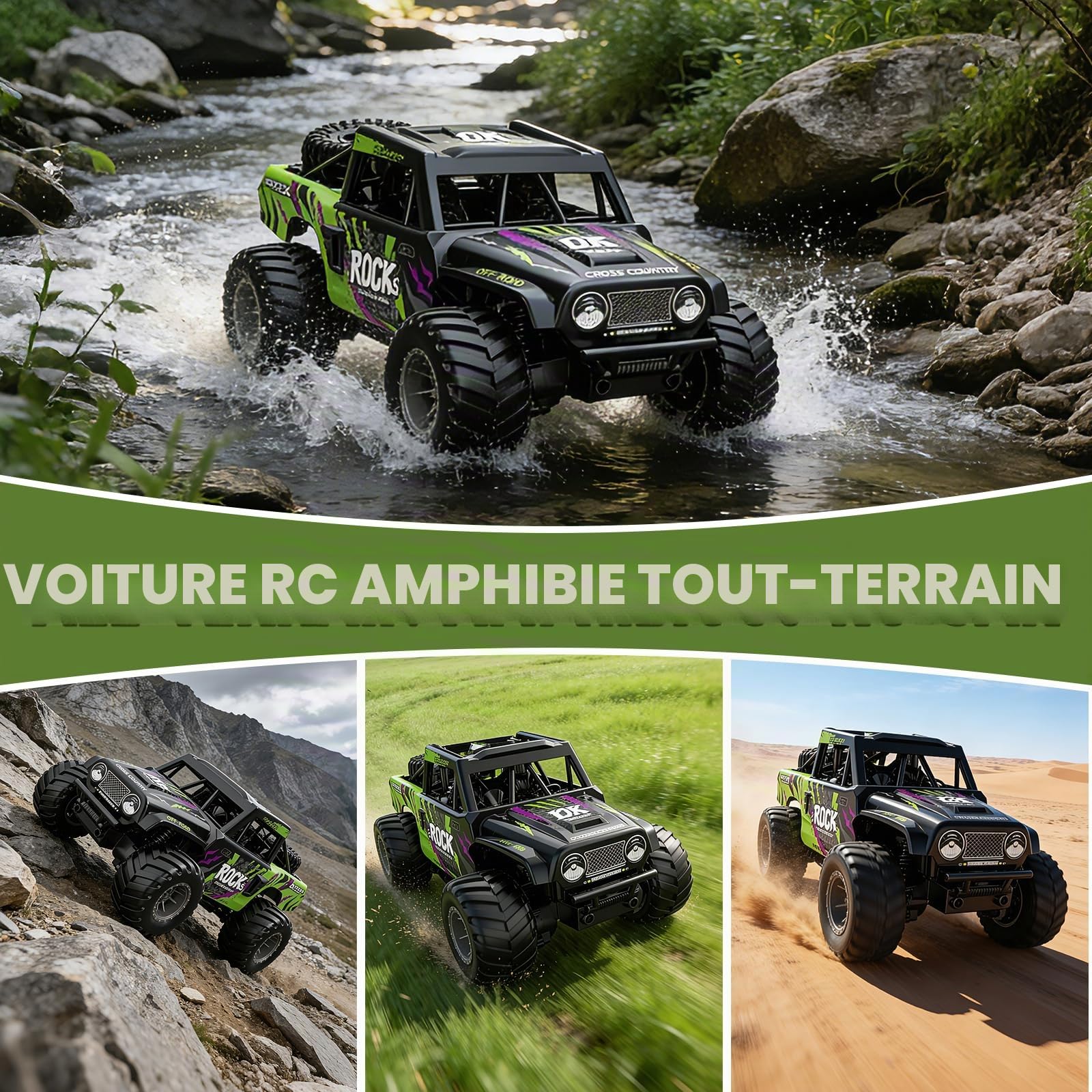 Voiture Télécommandés Radiocommandée Jouets Camion: Amphibie Tout Terrain | Voiture RC 2,4 GHz 4X4 Véhicule Cadeau d'anniversaire ou de Noël pour garçons Enfants