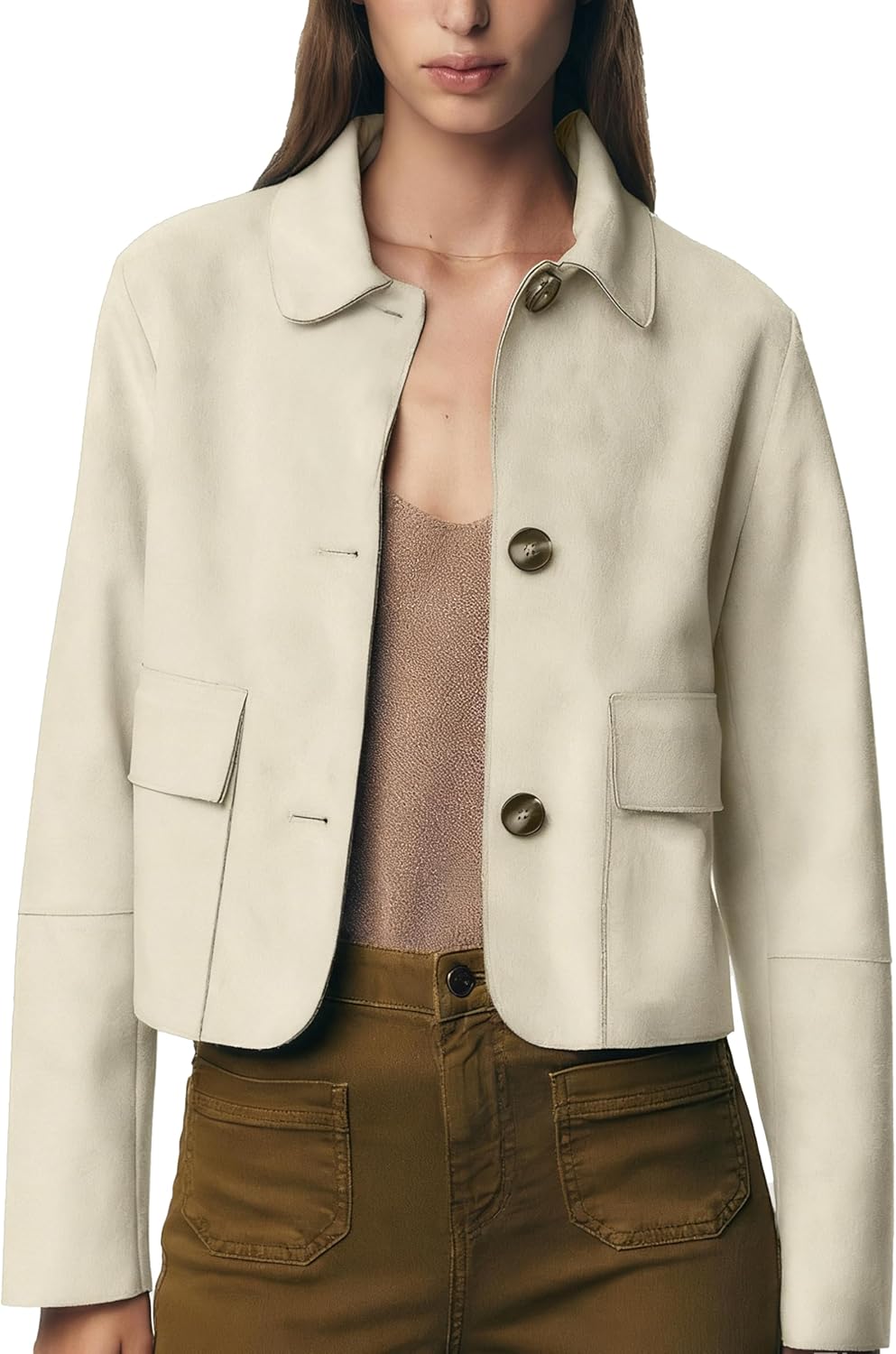 Womens Faux Suede Bomber Jacket Fall Long Sleeve Lapel Button Down Jackets Trendy G...