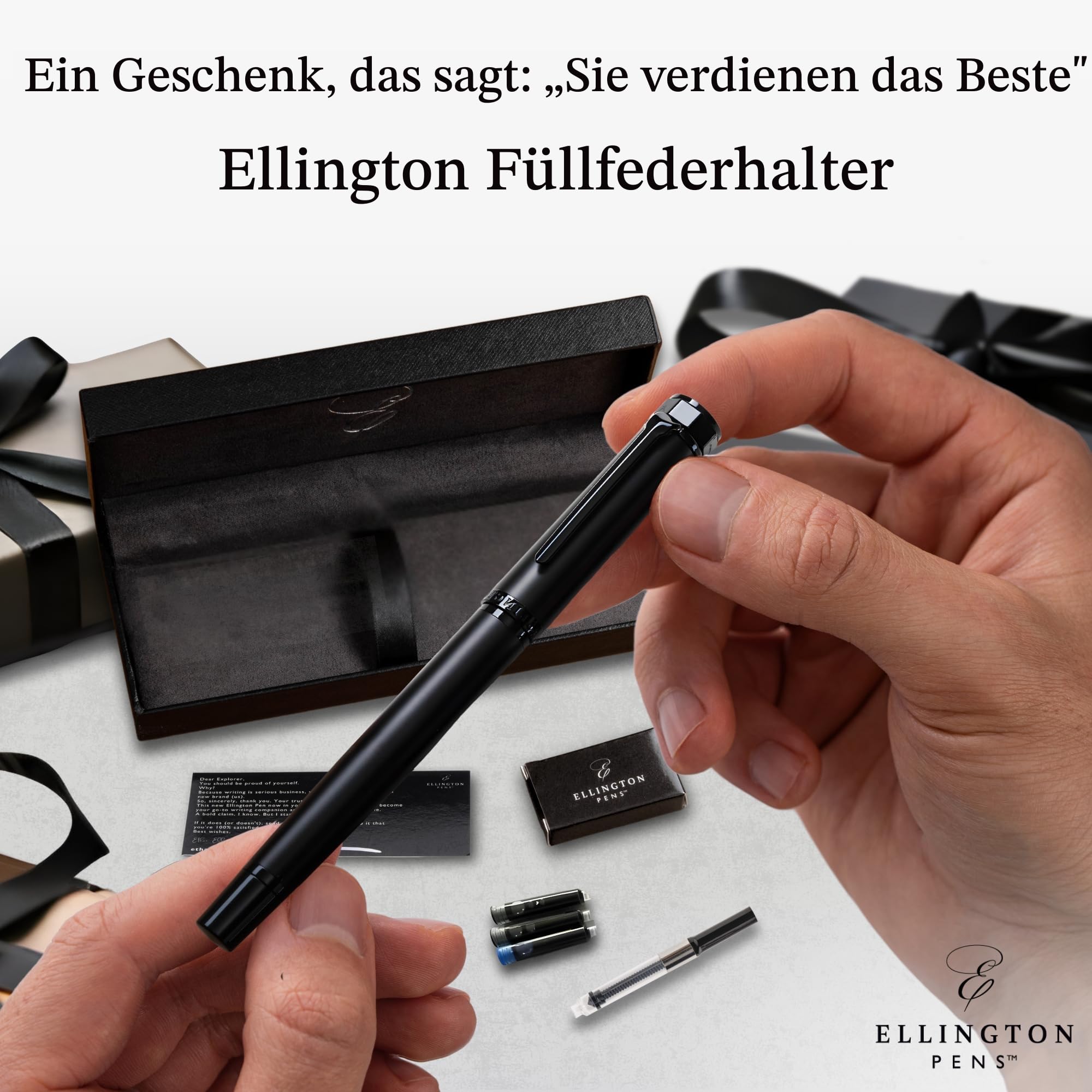 Ellington Pens Luxus Füllfederhalter Set - Füllfederhalter zum Schreiben - Glatte Feder - Inklusive nachfüllbarem Tintenkonverter, 3 Tintenpatronen [2 Schwarz & 1 Blau], Geschenkbox - Elegante