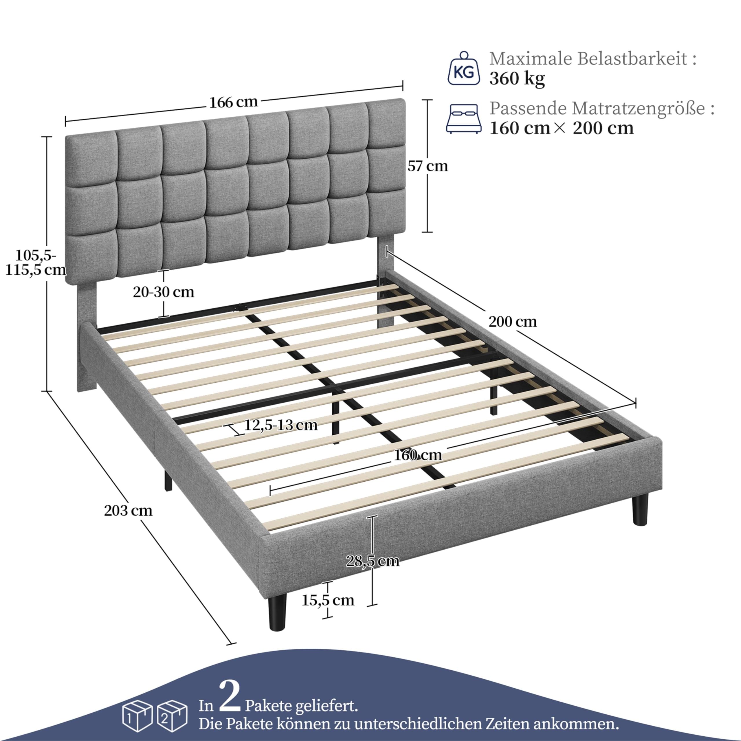 Yaheetech Polsterbett 160 x 200 cm Doppelbett mit Höhenverstellbarem Kopfteil – Bild 2