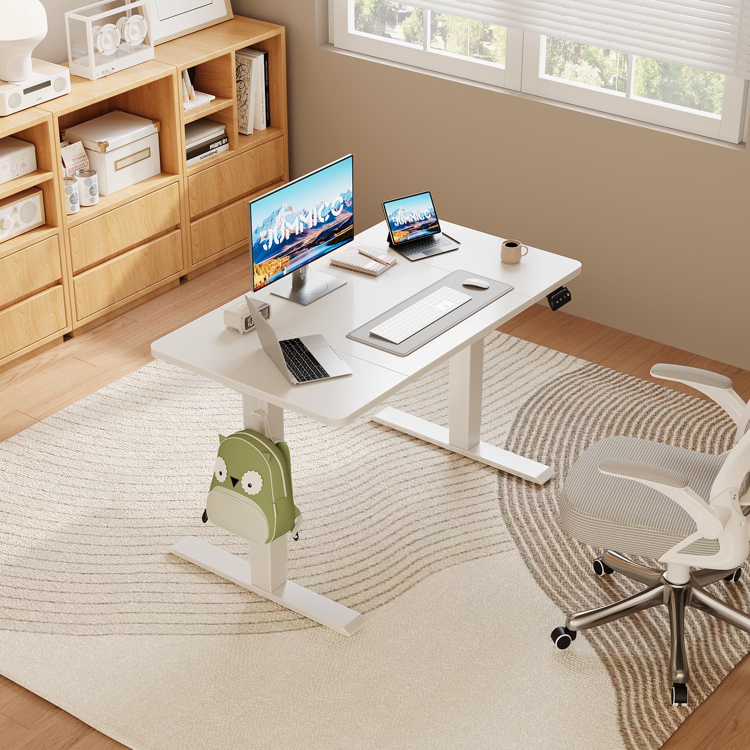 JUMMICO Réglable en Hauteur Bureau Assis Debout Électrique Blanc | 120 x 60 cm, avec Fonction Mémoire avec Crochet, Bruit <50dB, 60 KG, pour Bureau à Domicile