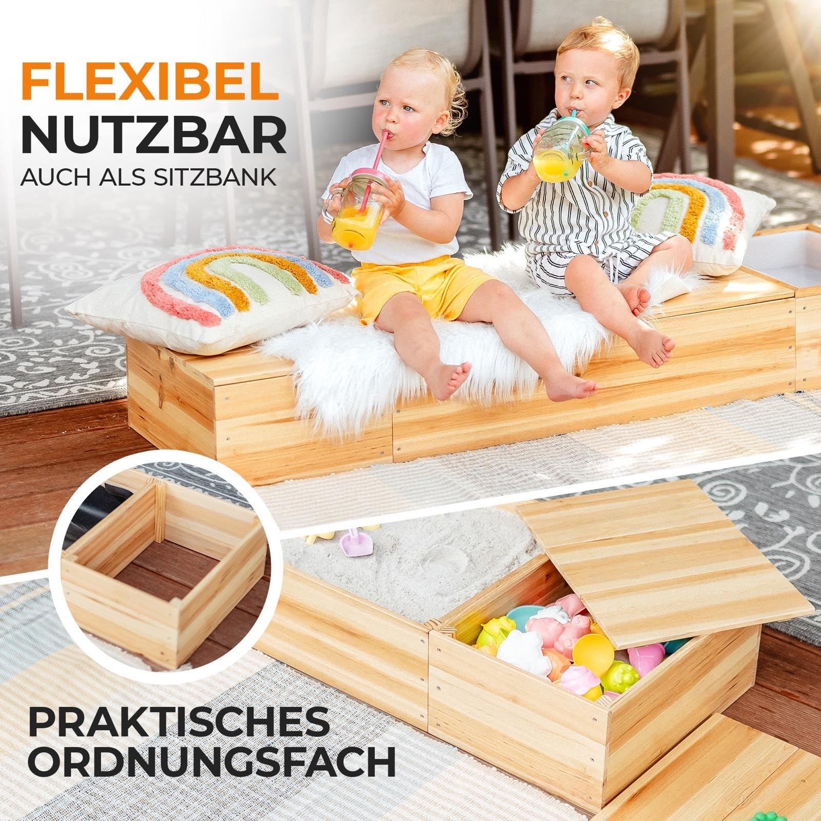 Sandkasten mit Abdeckung 150x45cm – 4 in 1 Sandbox mit Deckel aus lasiertem Massivholz für Balkon, Terrasse & Garten – Matschküche, Sandfach, Staufach, Sitzbank & Vlies, ab 1 Jahr