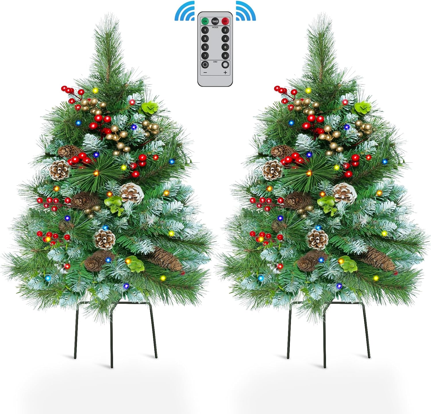 2 Pack 30 Inch Outdoor Pathway Christmas Trees, Artificial Christmas Urn Filler with Lights, Timer, 8 Modes, Red Berries & Pine Cones Holiday Xmas Decorations for Porch Driveway Yard