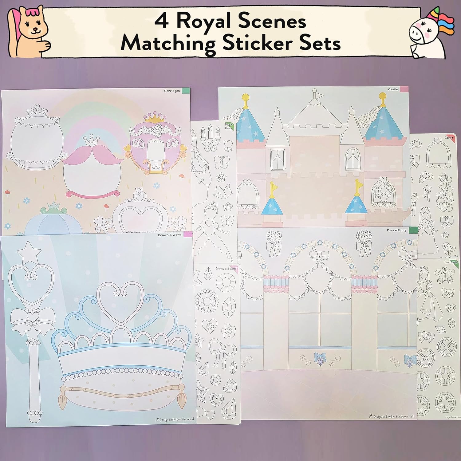 Together Art Princess Color Your Own Storytelling Sticker Kit – Coloring Your Own Stickers & DIY Storytelling Sticker Set for Kids 4-10 – 8 Hand-Drawn Enchanted Scenes – Designed & Assembled in USA