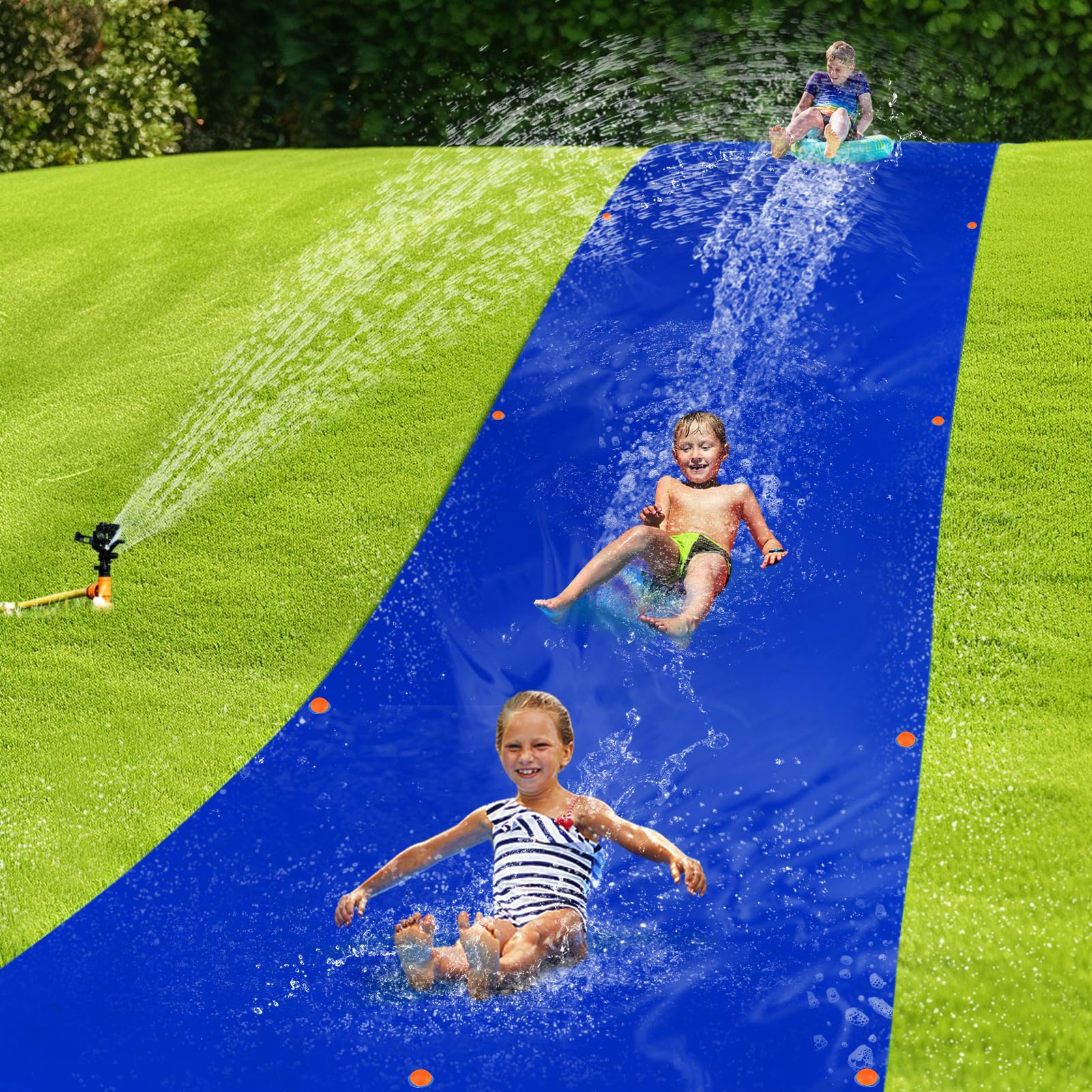 Super Slip Lawn Water Slide - 30 x 8Ft Heavy Duty Slip and Slide Trap Slick Waterslide for Adults & Kids, Easy to Set Up with 16 Ground Nails, Funny Water Games for Outdoor Backyard Lawn, Blue