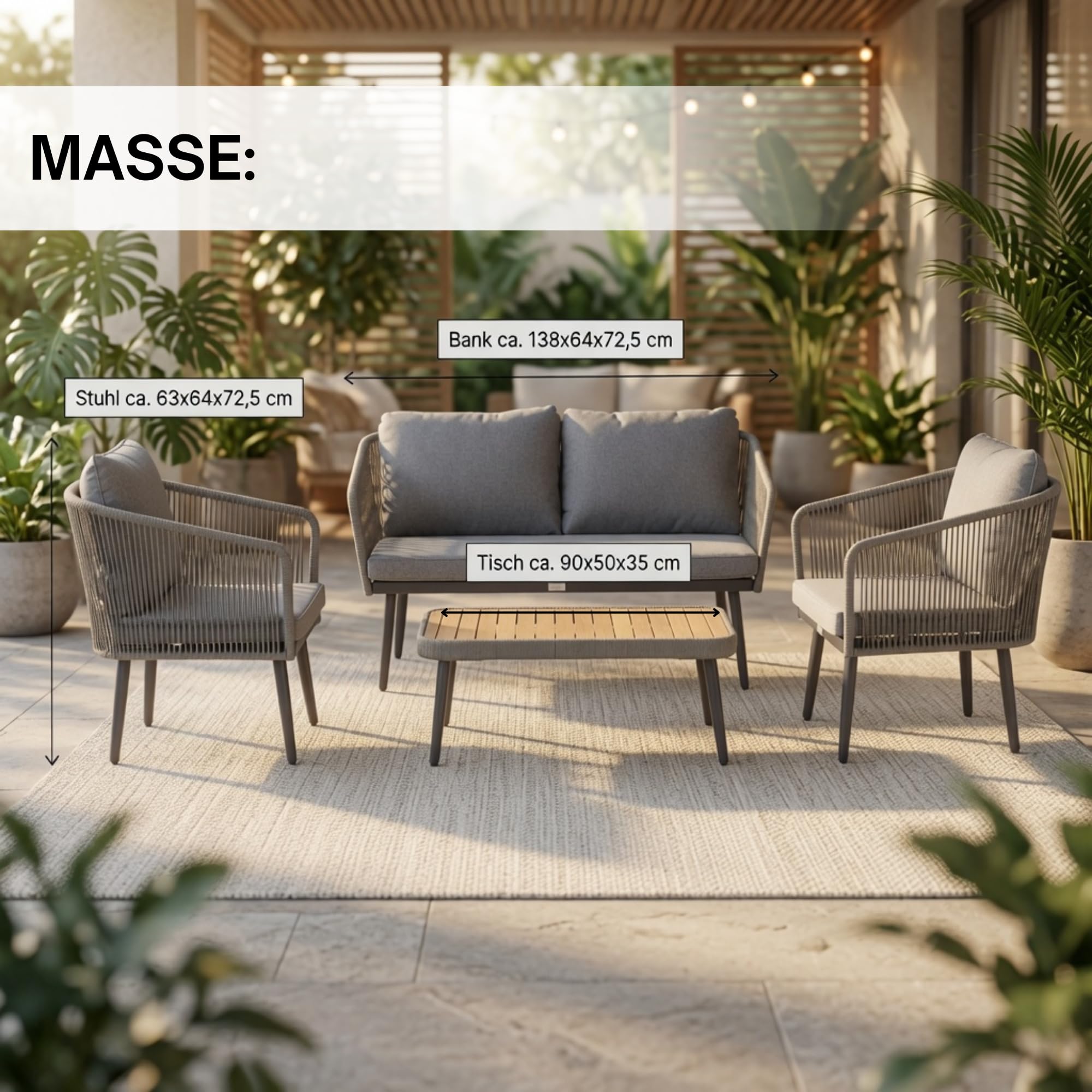 ESTEXO Set di mobili da giardino Rope effetto corda, panca da giardino in legno di acacia, tavolo da giardino, grigio