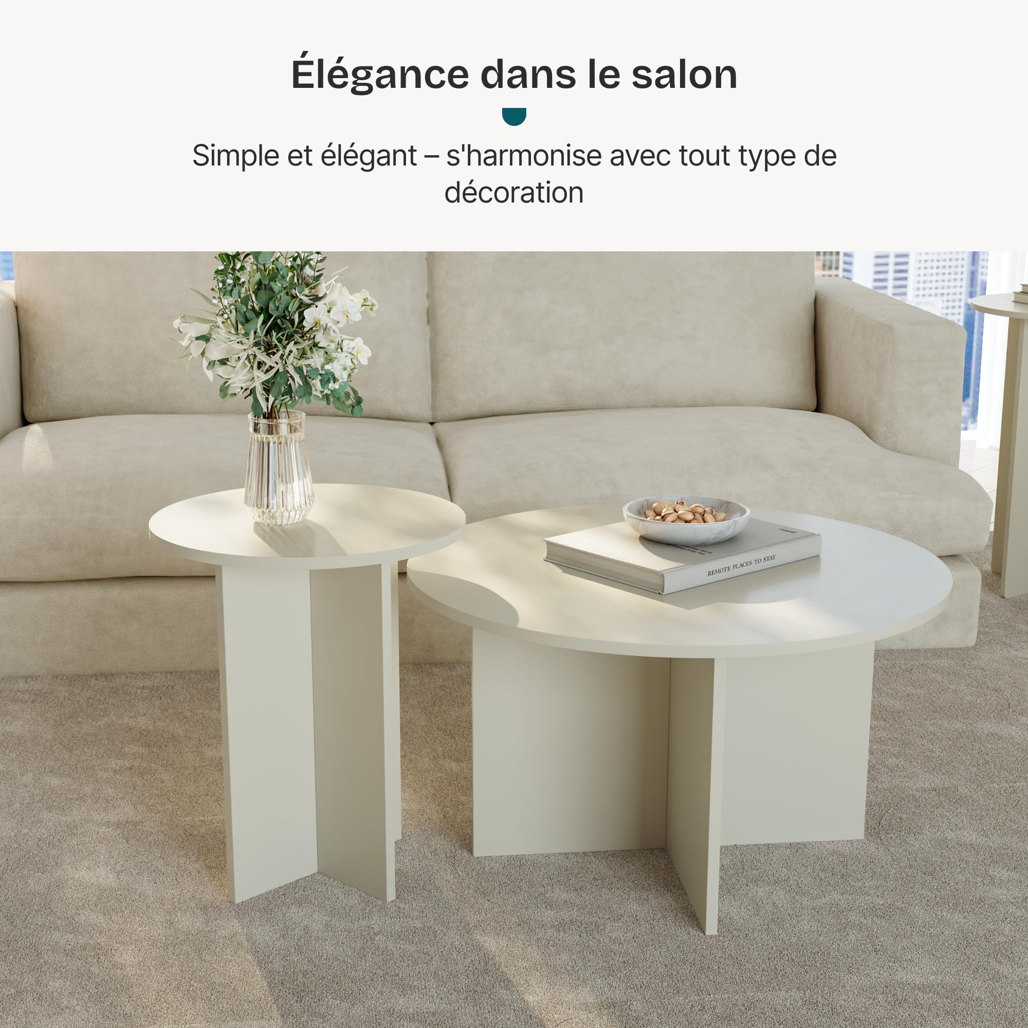 [en.casa] Lot de 2 Tables Basses Gigognes de Tailles Différentes Ensemble de 2 Tables d'Appoint pour Salon Chambre Bureau Panneau de Particules Mélaminé Sable