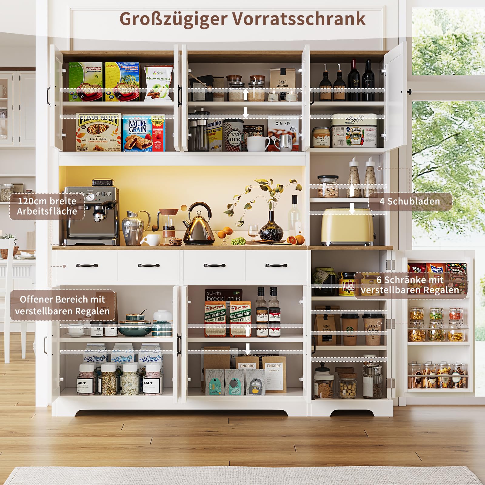 FUSOU Küchenschrank 180 cm LED Ladestation 4 Schubladen 6 Fächer – Vorratsschrank Landhausstil, Küchenschrank mit Arbeitsplatte Esszimmer verstellbare Böden Weiß