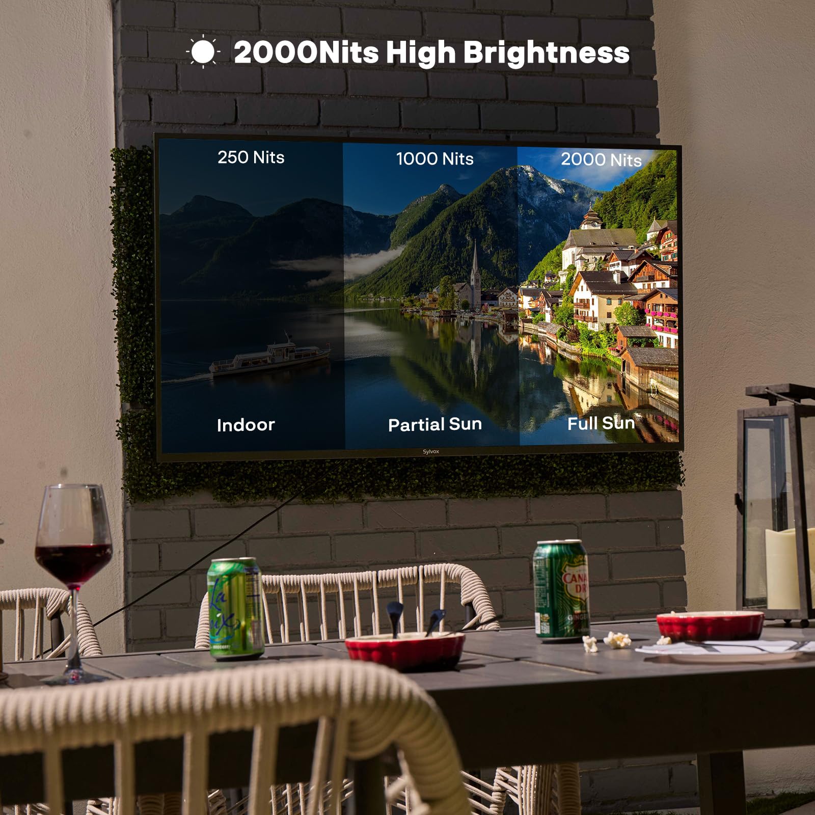 SYLVOX 43" Televisor de Exterior | 4K UHD, 2000 Nits | Google TV, Dolby Atmos | DVB-T2/S2/C HEVC 10, HBBTV, WiFi, IP55 Resistente Outdoor TV al Agua para Jardín, Terraza & Piscina | Pool Pro 2.0
