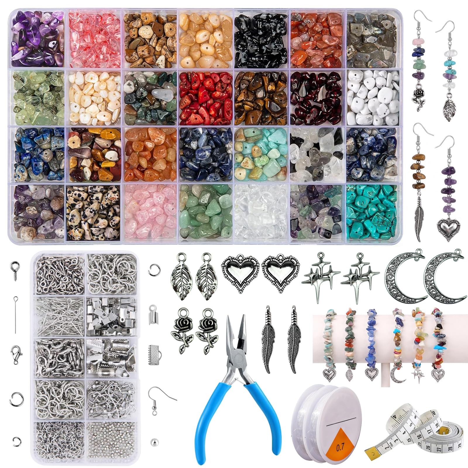 28 Colors Crystal Beads for Jewellery Making Kit, 1400PCS Natural Irregular Gemstones Crystal Beads With Plier, 12PCS Jewelry Pendant, 710PCS Earring Findings For Bracelet Necklace Earring DIY Craft