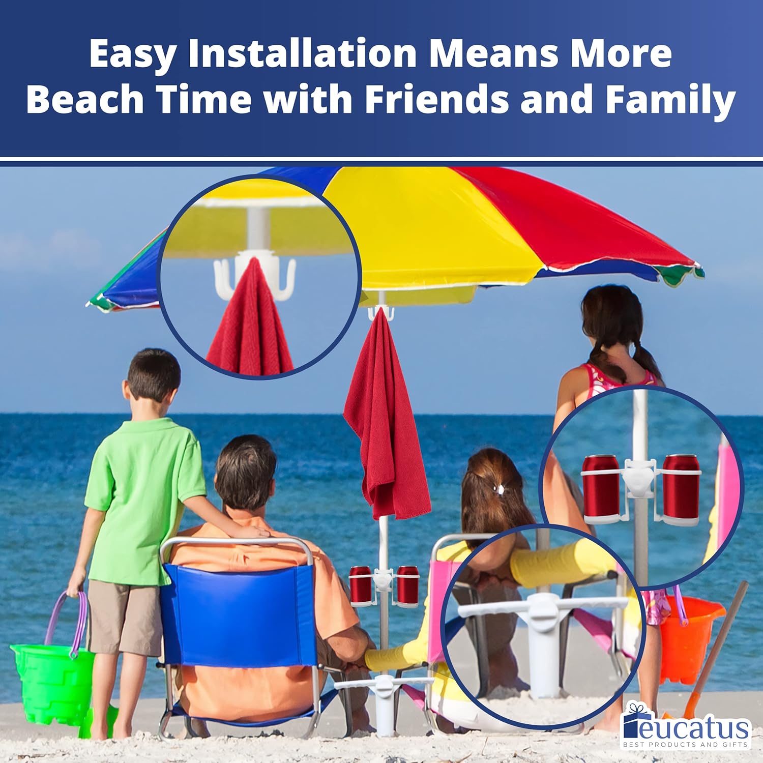 Easy Install Sand Umbrella Anchor Cup Holder and Towel Hook Set. Durable White Auger Fits Up to 1.6in Pole Stand for Strong Winds. Use as a Fishing Rod Holder or Beach Volleyball Net or Tent Stake.