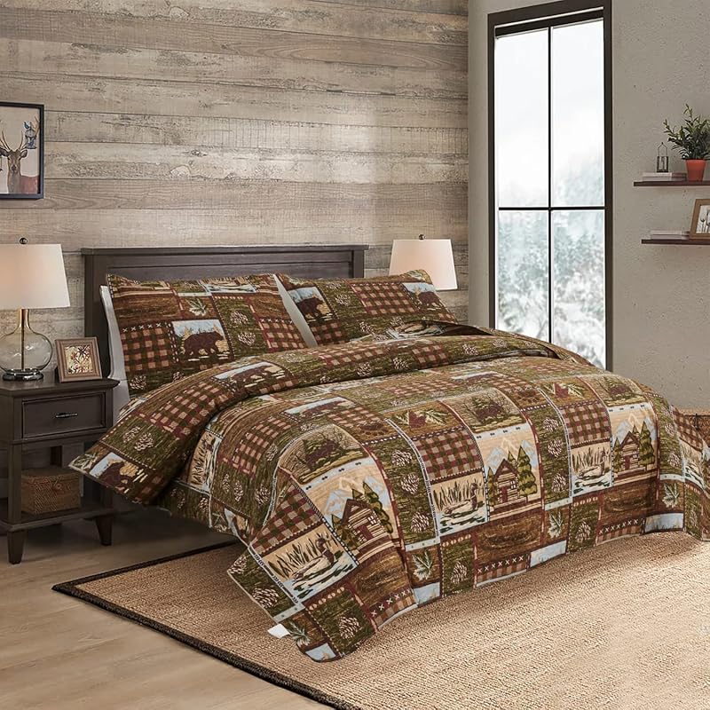 Lodge Bedspread Twin Size, Rustic Cabin Quilt Sets Moose Bear Bedspread Coverlet Patchwork Plaid Bedcover Reversible Wildlife Printed Quilted Bed Set Brown Bed Cover Farmhouse Country Decor (68"x 86") image 2