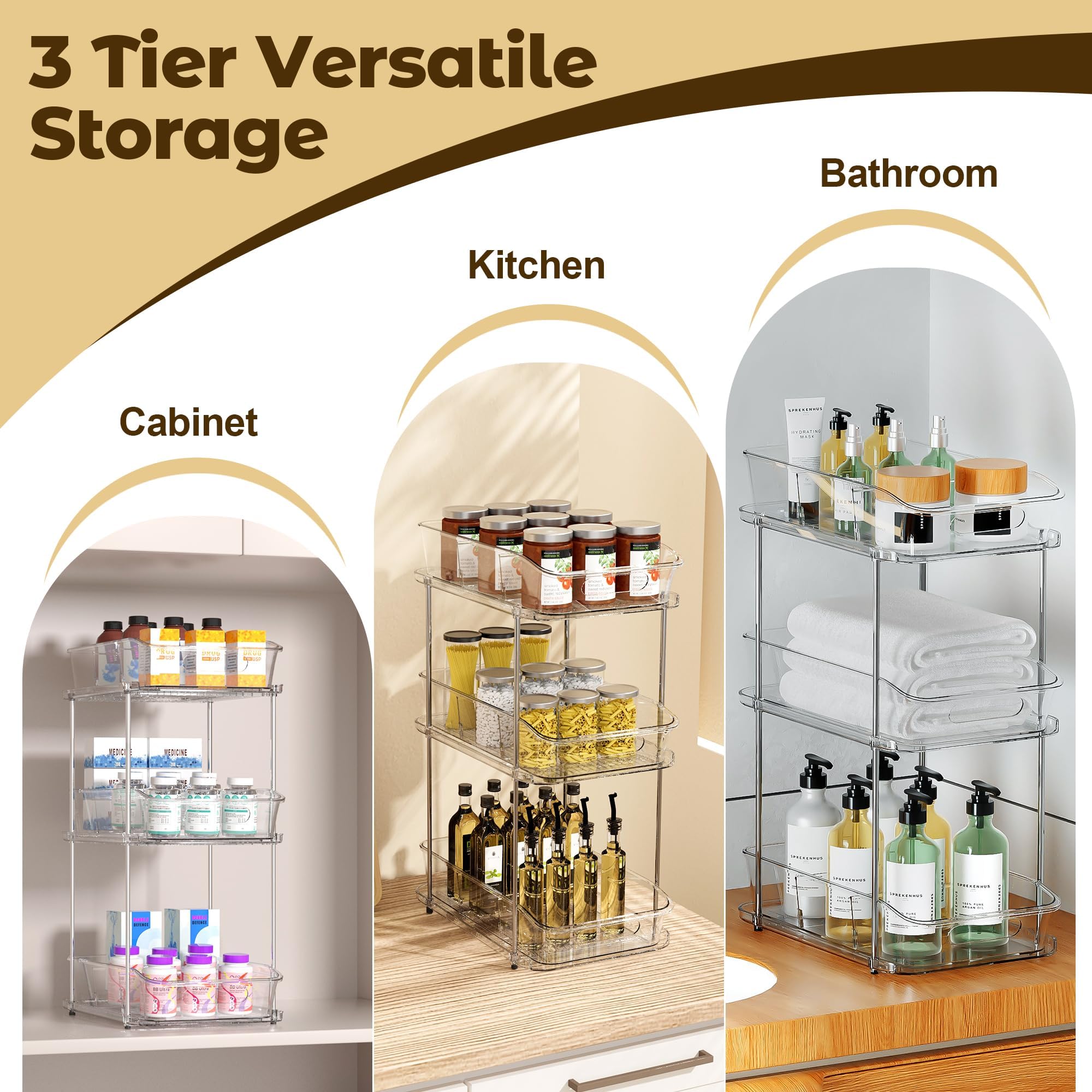incostar Organizador de 3 niveles para debajo del fregadero, organizador de almacenamiento extraíble con divisores, ideal para organizar armarios, tocadores de baño, gabinetes, almacenamiento
