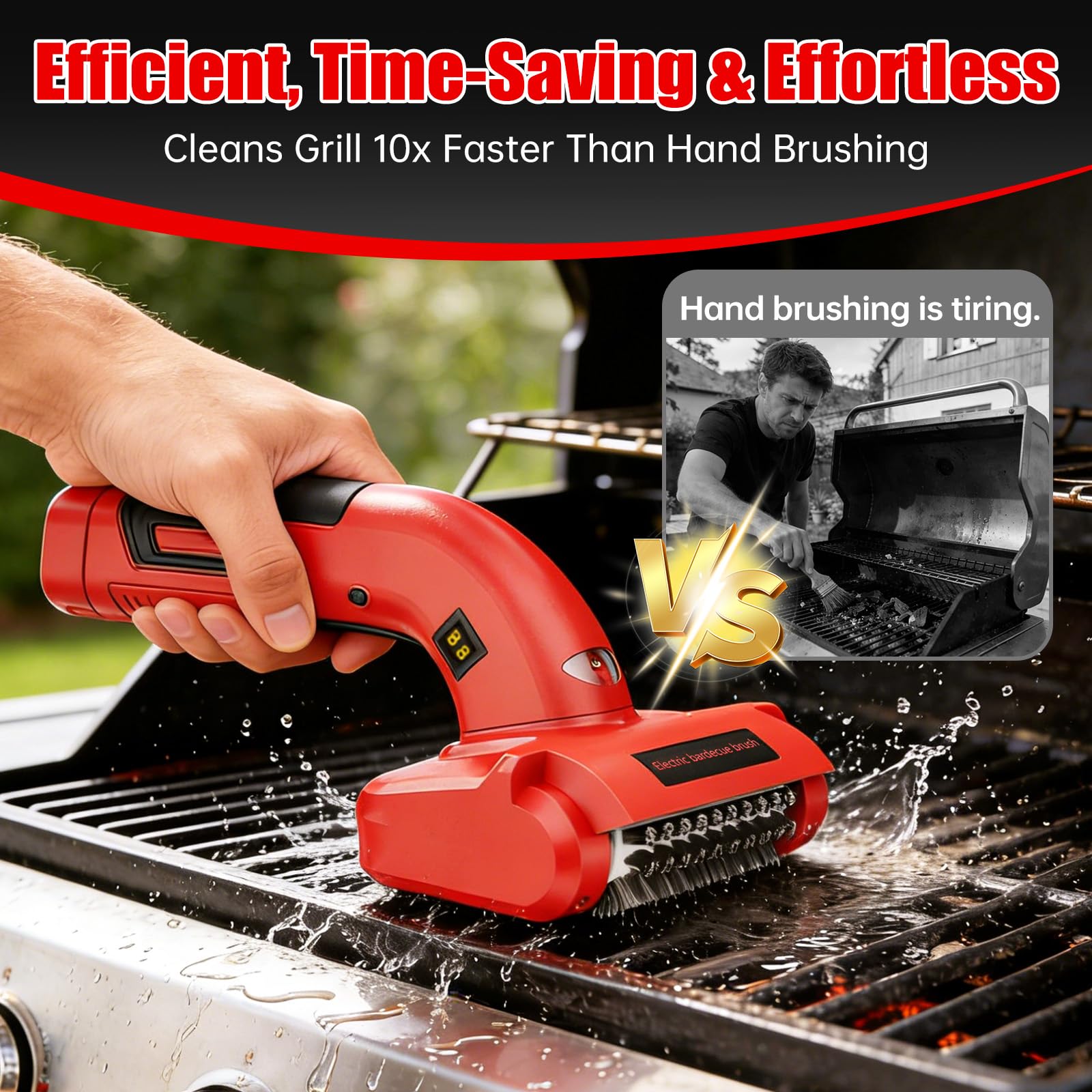 Spazzola elettrica per barbecue, pulitore BBQ motorizzato ricaricabile, setole in acciaio inox 700-800 giri/min, testa rimovibile 304, illuminazione LED, per griglie in ghisa e uso esterno - 3