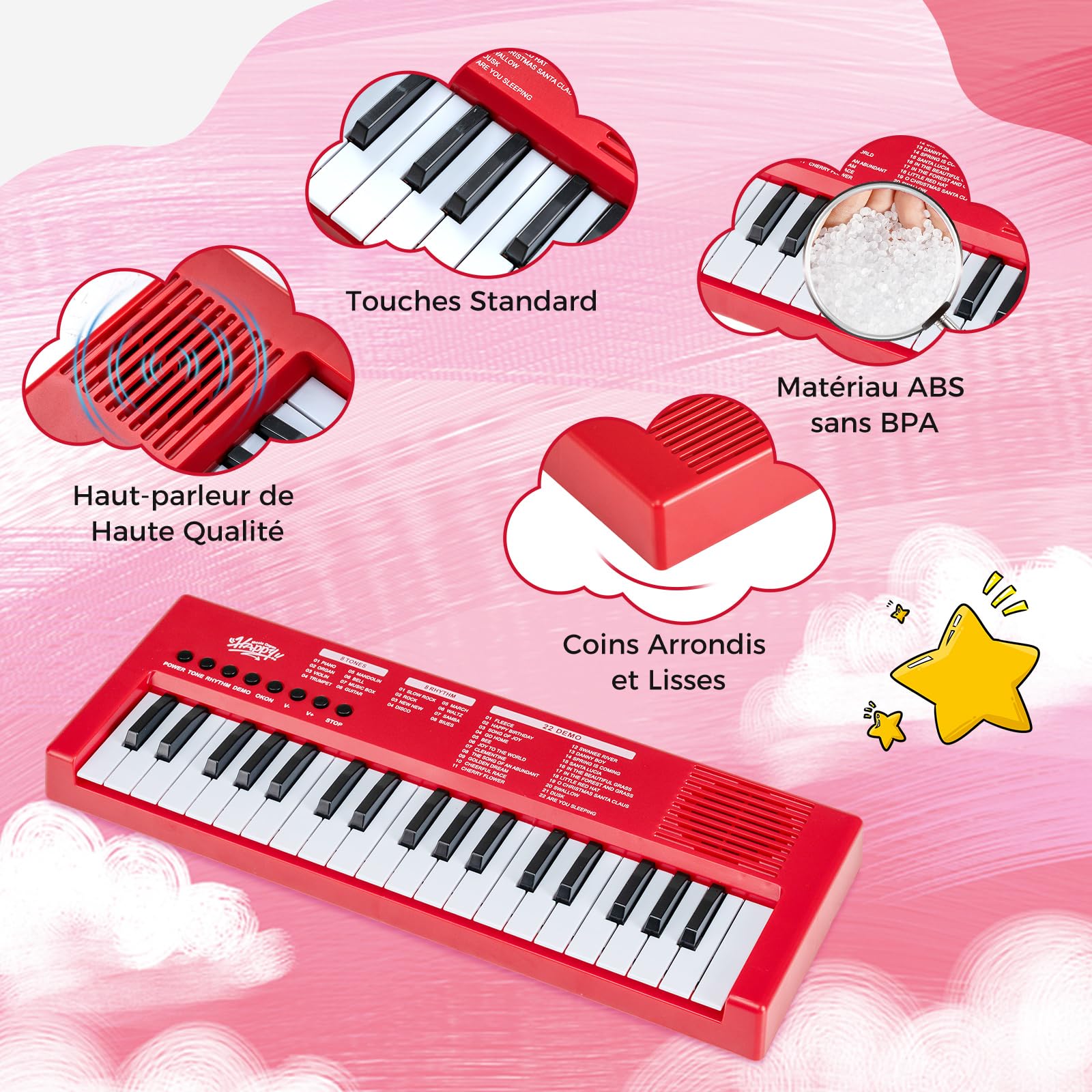 COSTWAY Clavier Piano Enfants 37 Touches avec Microphone, Piano Numérique Portable avec 8 Rythmes, 8 Tonalités, 22 Démos, Haut-parleurs, Jouet Musical Éducatif pour Garçons Filles 3 Ans+ (Rouge)