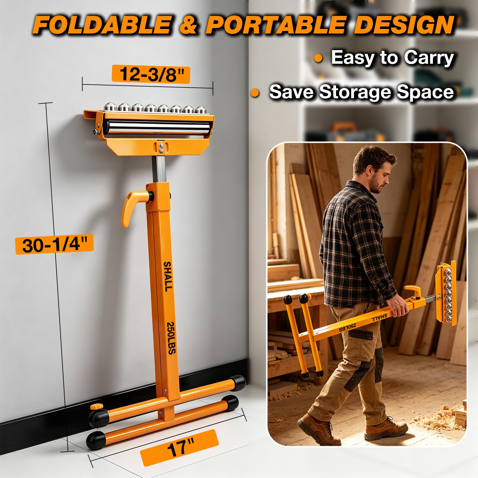 Shall 2er-Set Rollenbock mit 3-in-1 verstellbarem Kopf, höhenverstellbar (70,6–109 cm), bis 113 kg belastbar, ideal für Tischkreissäge, Kappsäge & Holzbearbeitung