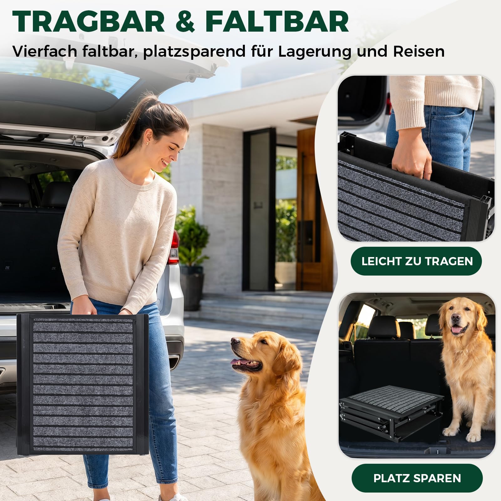 170 cm Extra Lange Hunderampe Auto Klappbar, rutschfeste Hundetreppe Auto mit Griffiger Teppichoberfläche, Stabile Aluminiumrampe für Große und Mittelgroße Hunde bis 110 kg, für SUV, Auto und LKW