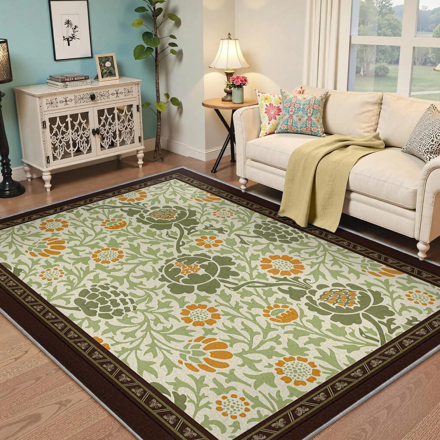 Tapis de Zone Vert Sauge 200x300 pour Le Salon Cuisine Lavable Floraux orientaux à imprimé bohème Doux antidérapant Fin d’intérieur Grand Chambre Salle Manger Jeux Bureau.