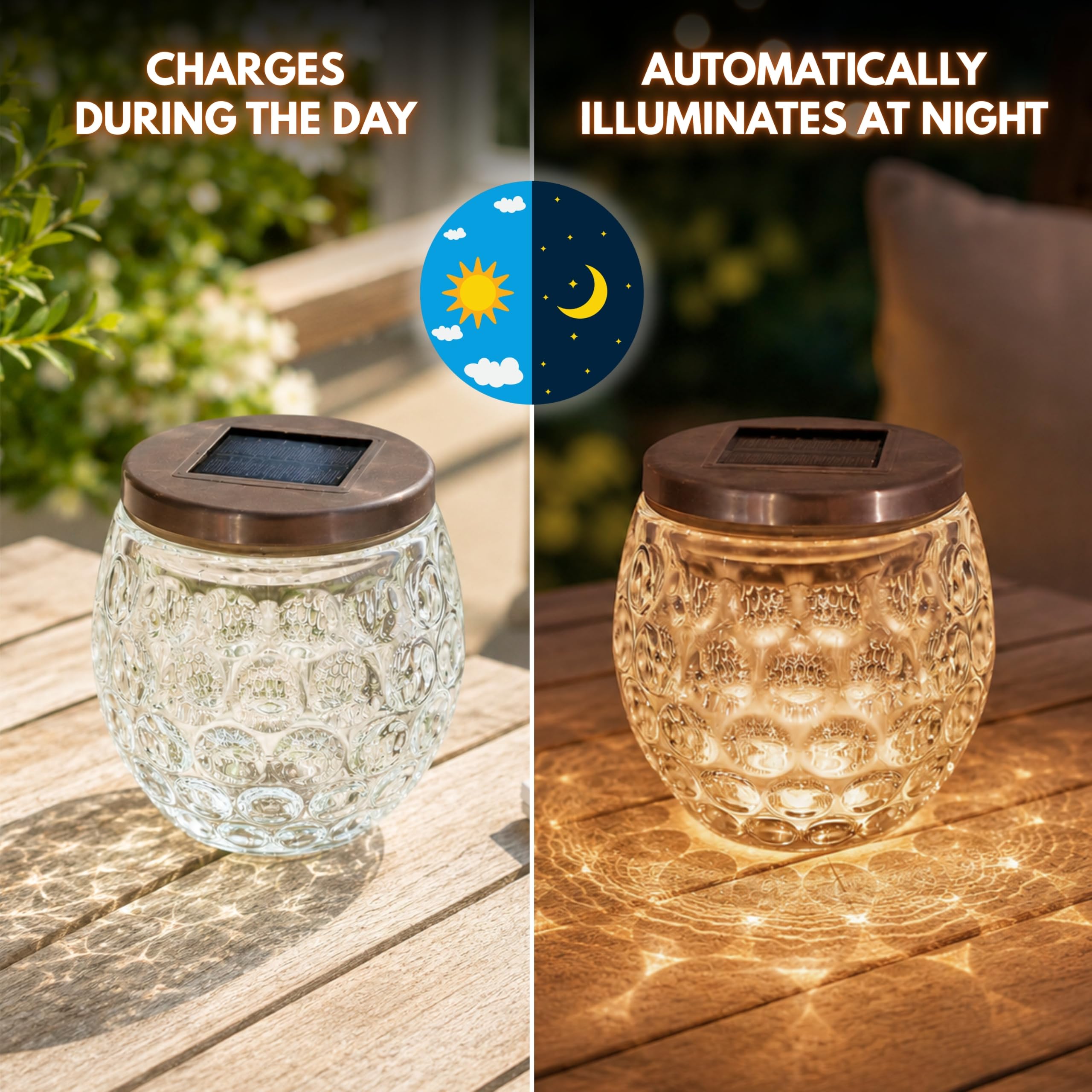 Garden Mile Juego de 2 luces solares de vidrio para tarros, linternas solares LED de color blanco cálido con sensor de encendido/apagado automático, luces de mesa de vidrio pesado con hoyuelos para