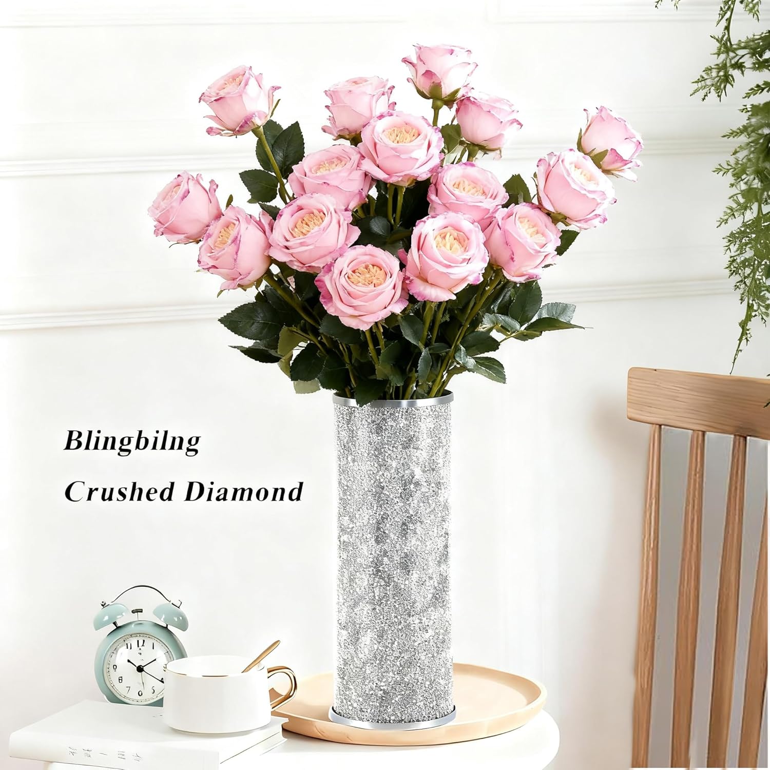 Silver Glass Vase for Flowers, Large 10in Crushed Diamond Vase, Luxurious Fresh Flower Vase for Home Decor, Bedroom, Living Room, Office, Wedding, Party, Dining Table - Image 5