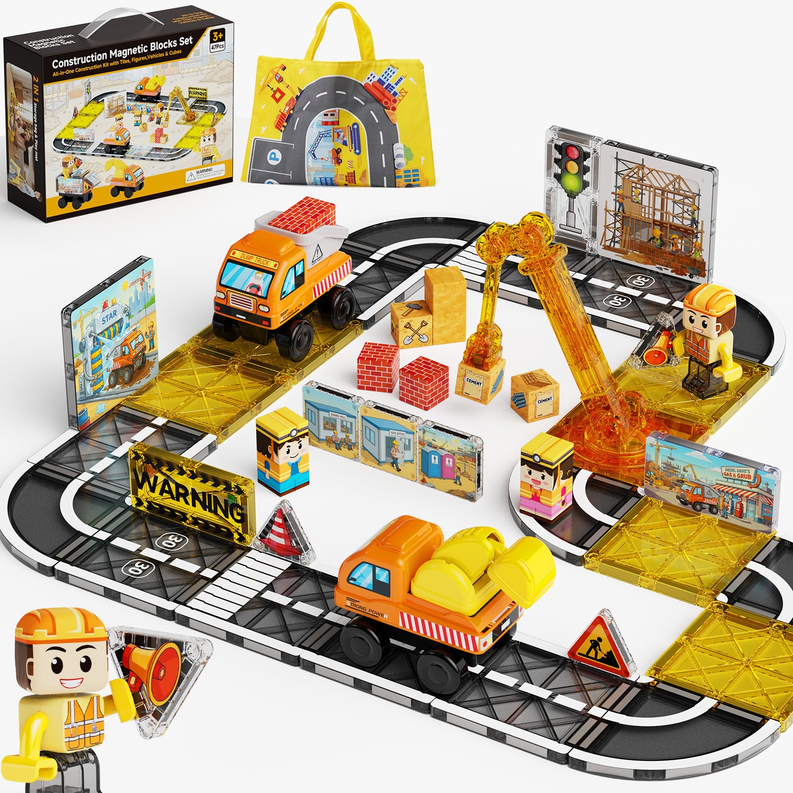 burgkidz Magnetic Tiles Road Set: 47pcs Construction Site for Boys Ages 3+