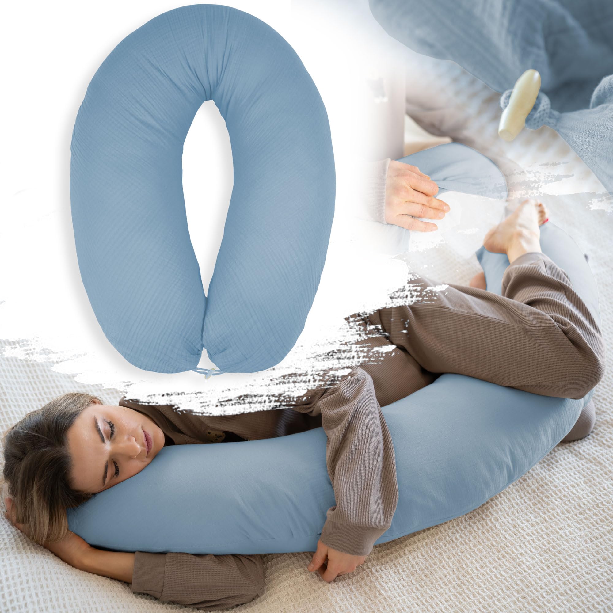 PaLulli® Coussin d’Allaitement XXL Ergonomique 190x30 cm avec Housse en Coton Mousseline Bio – Coussin de Grossesse et latéral – Confort et Soutien pour Femmes Enceintes (Bleu)