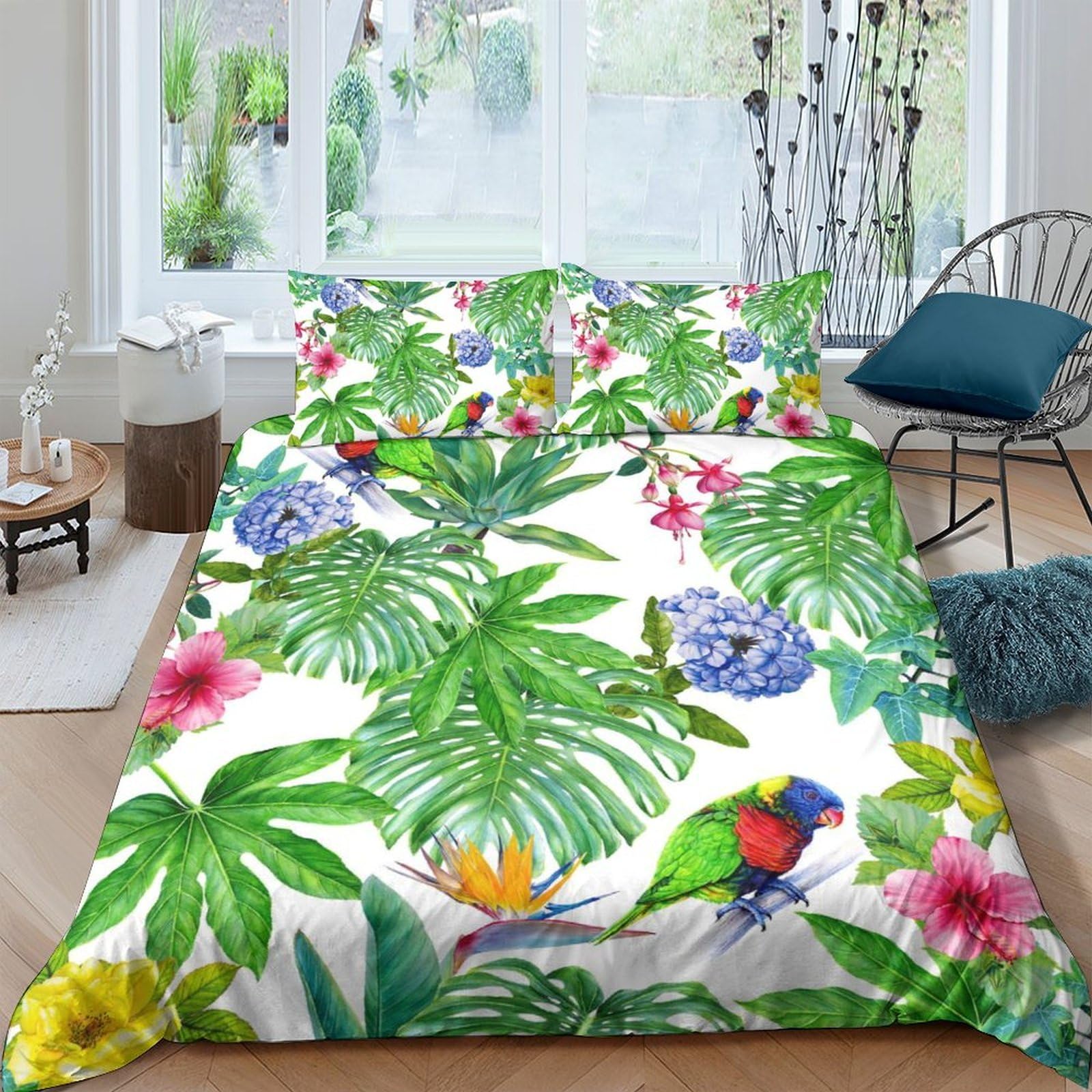 Ctjqhvkz Style-7 3D Printed Tropical Leaves Fitted Sheet Microfiber Soft Floral Parrot Mattress Cover For Bedroom Guest Room Decor Single（135X200cm）