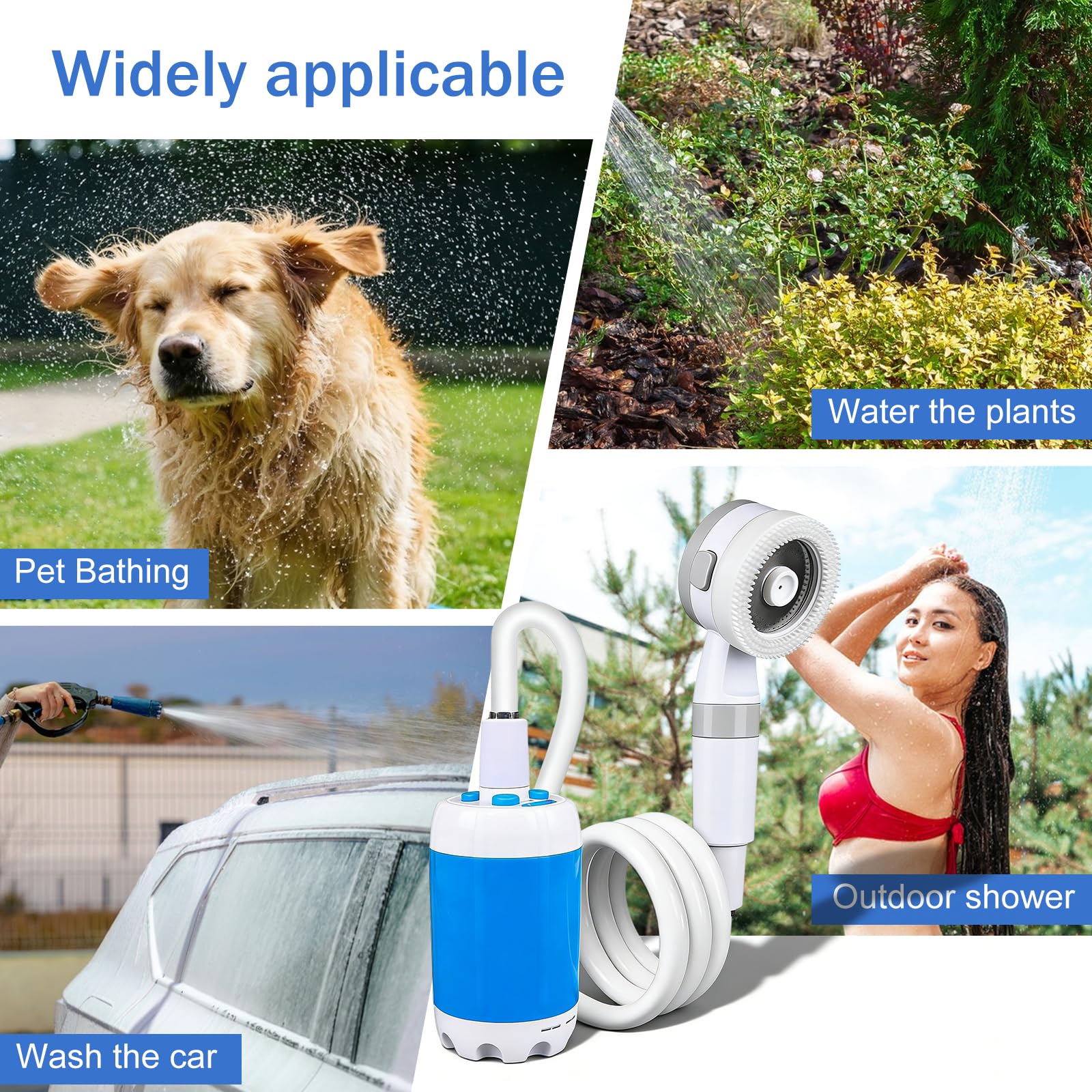 Douche de camping portable avec pompe rechargeable, douche de camping avec pompe, pommeau et tuyau de 2 m, jet haute pression, douches mobiles de plein air, douches extérieures pour lavage de voiture