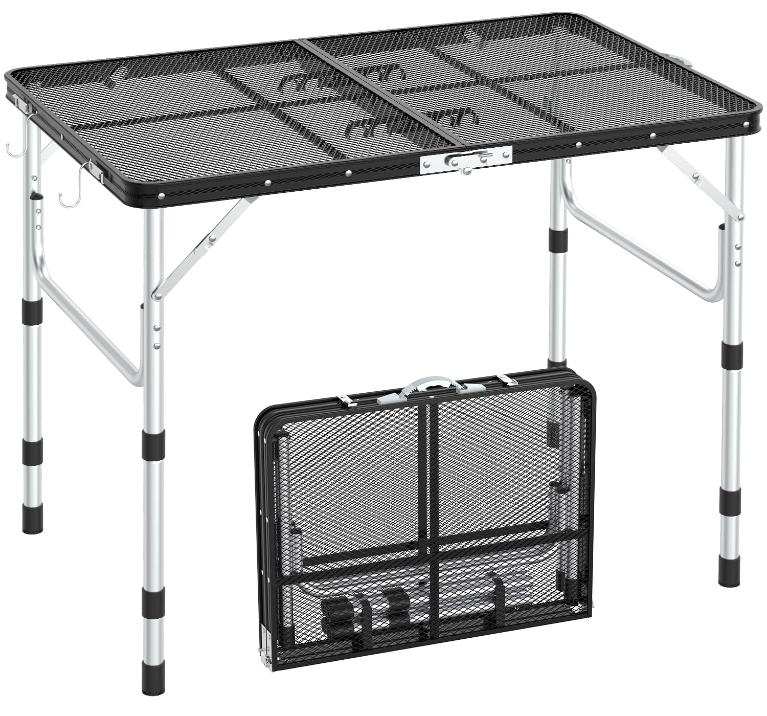 Sportneer Folding Table, 3 Heights Camping Table with 2 Hooks, Lightweight & Compact Aluminum Portable Grill Table for BBQ, RV, Picnic, Outdoor, Camping, Cooking, 35.4'' L x23.6'' W Large Size