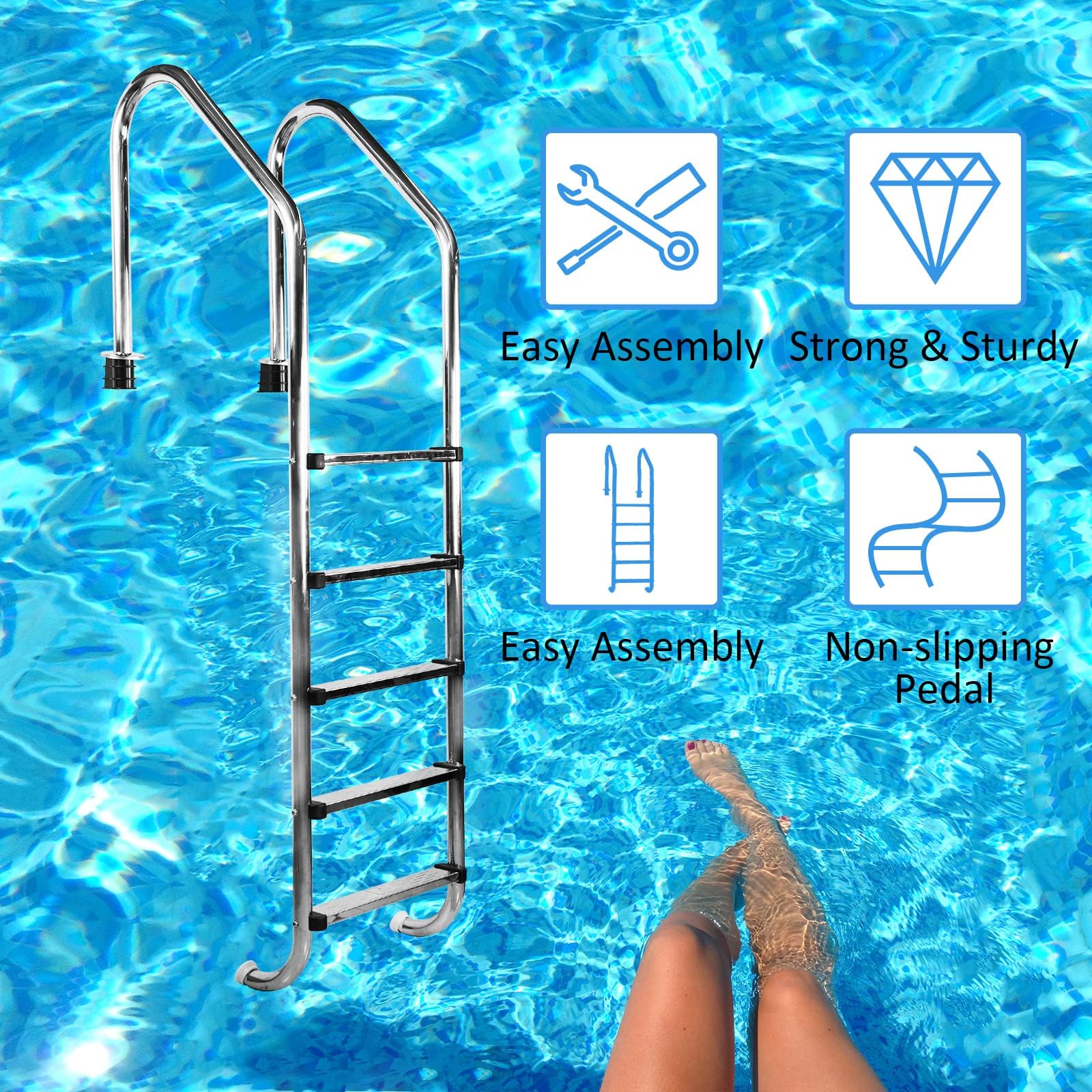 Escalera de piscina enterrada, acero inoxidable de 2 a 5 escalones con pasamanos, escalera mecánica de piscina resistente, peldaños antideslizantes, resistente a la corrosión, fácil montaje