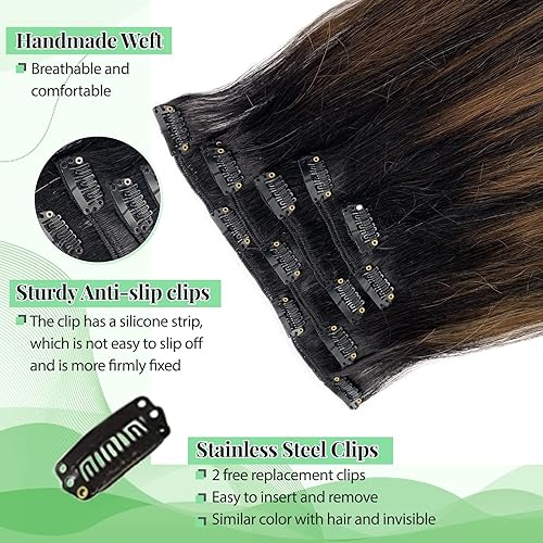 Miniatura 4 de Extensiones de cabello con pinzas, color negro natural degradado mezclado con castaño castaño con reflejos, extensiones de cabello humano real, 2.47