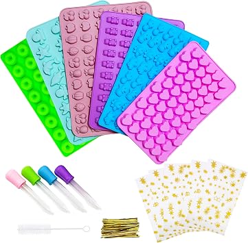 KRLIFCSL Gummy Molds 6 Pcs Set 299 Candies, 16 Shapes with 4 Droppers, 1 Clean Brush & 50 Package Bags, Including Dinosaur, Hearts, Sea Animals Nonstick Chocolate Molds Mini Multicolor