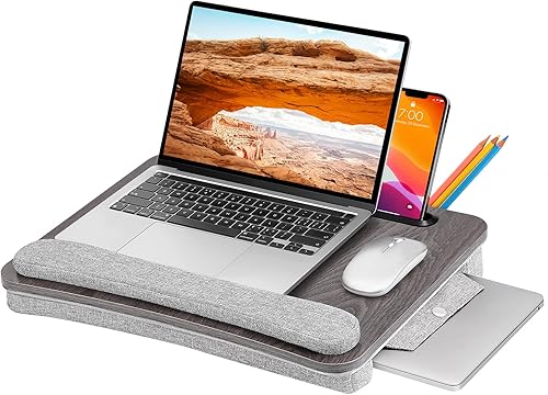 Escritorio de regazo para laptop con cojín, se adapta a portátiles de hasta 15.6 pulgadas, bolsa de almacenamiento dividida y soporte de regazo