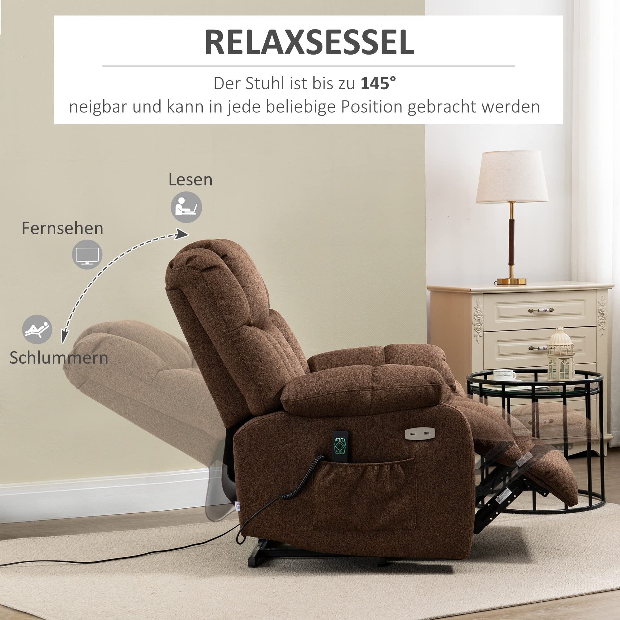 HOMCOM Fernsehsessel mit Aufstehhilfe Elektrisch Verstellbar, Relaxsessel mit Liegefunktion, TV-Sessel mit Fernbedienung, 2 Seitentaschen und Fußteil, USB-Anschluss Braun