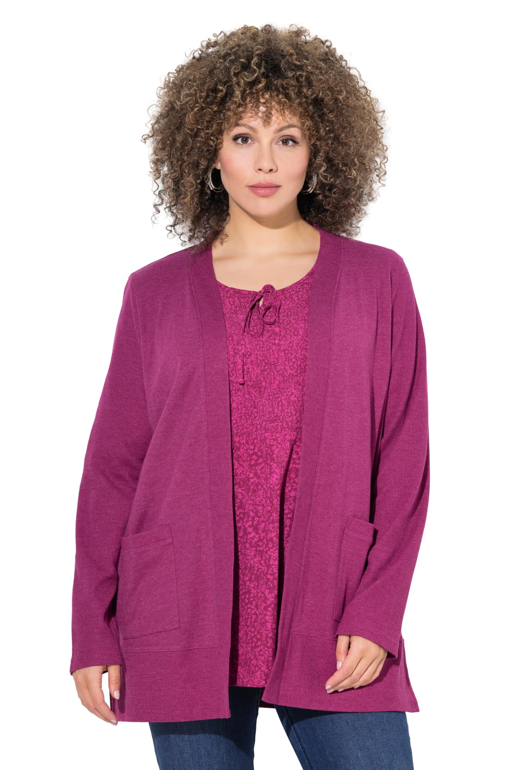 Ulla Popken Damen Sweatjacke, Waffelstruktur, Offene Form, Langarm Sweatshirt (1er Pack)