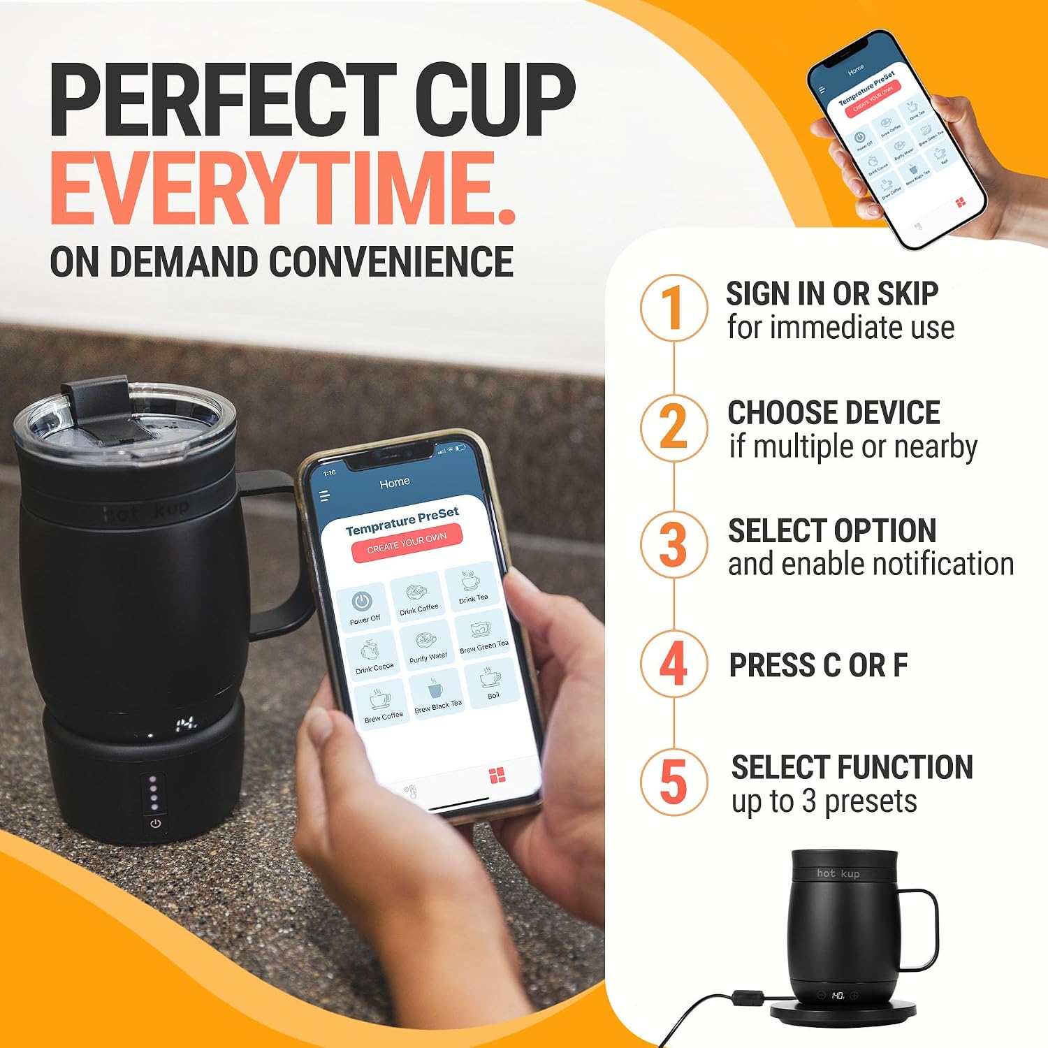 HOT KUP Heated Coffee Mug 14oz Temperature Controlled Smart Cup White