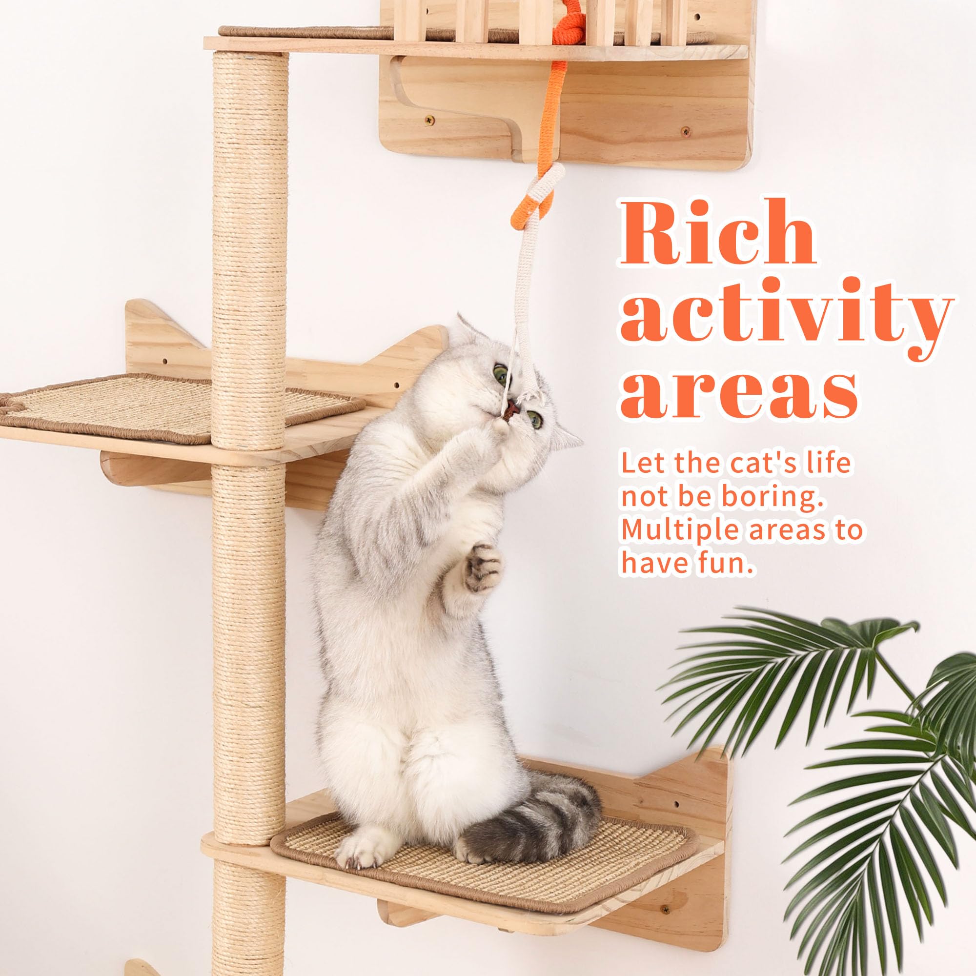 Kratzbaum zur Wandmontage, 7 Stück, Katzen-Wandregale und Sitzstangen mit hohen Sisal-Kratzstämmen, Wandhalterung, Katzen-Kletterbaum und platzsparende Möbel für Indoor-Katzen zum Klettern